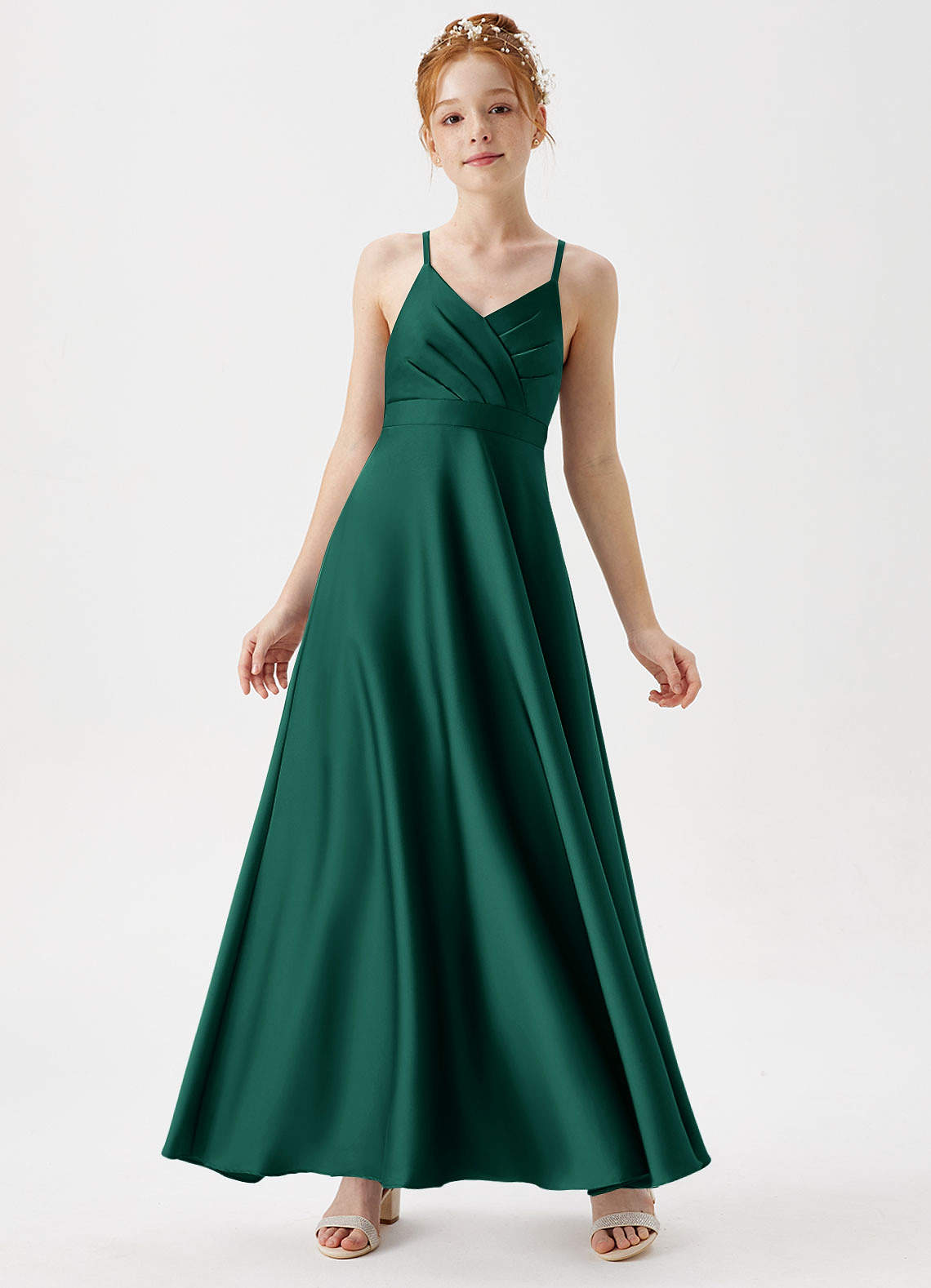 Azazie Avelina Junior Vestido de Esmeralda de Satén Elástico de Corte En A con Plisado image1