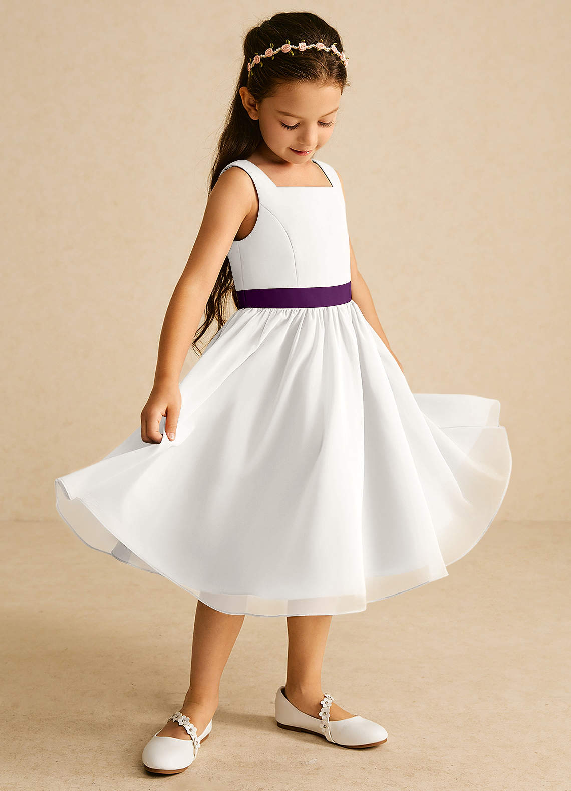 Azazie Elina Flower Girl Dresses Ivory Grape A-Line Sleeveless Chiffon Dress image1