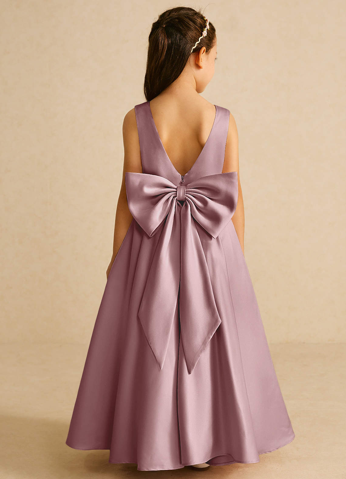 Azazie Pipsy Flower Girl Dresses Dusty Rose A-Line Bow Matte Satin Dress image1