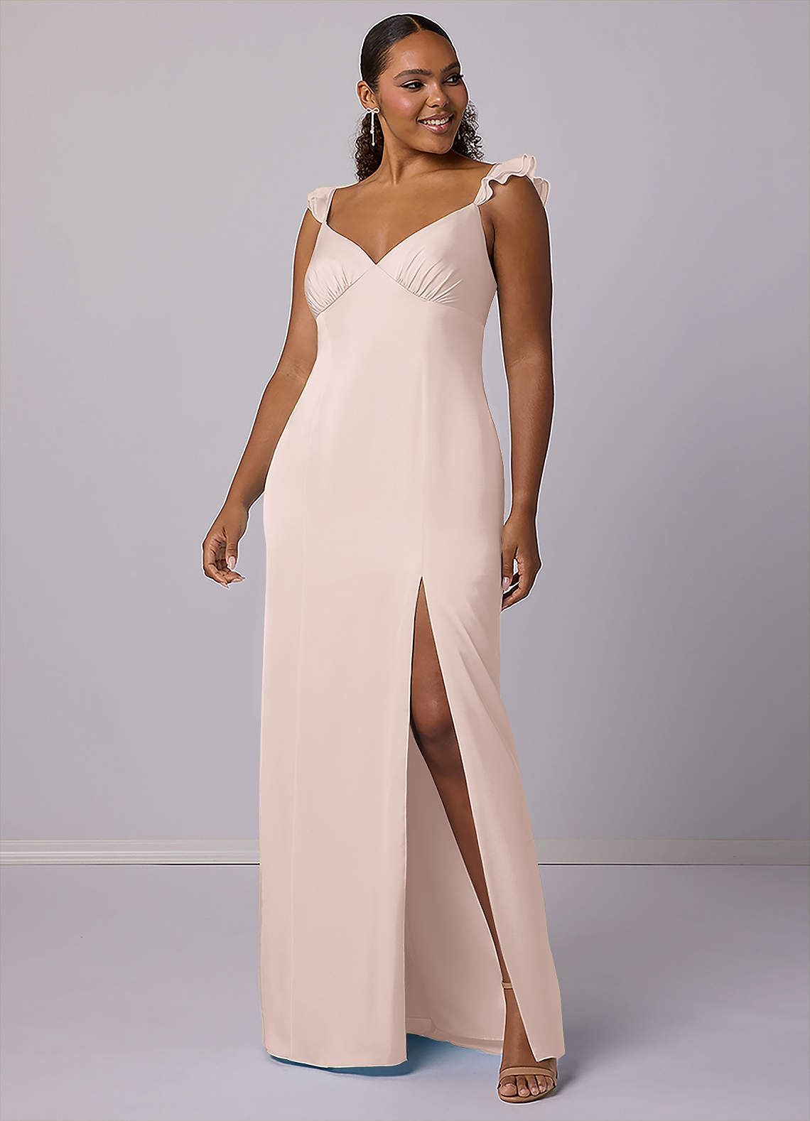 Barbie ♥ Azazie Bridesmaid Dresses Blushing Pink Sheath Stretch Satin Dress image1