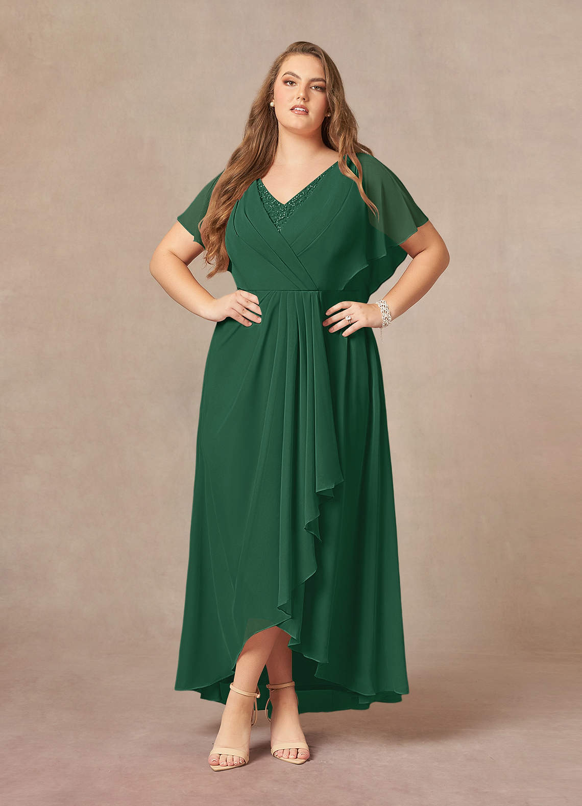 Azazie Eliza Mother of the Bride Dresses Dark Green A-Line V-Neck Pleated Chiffon Dress image1