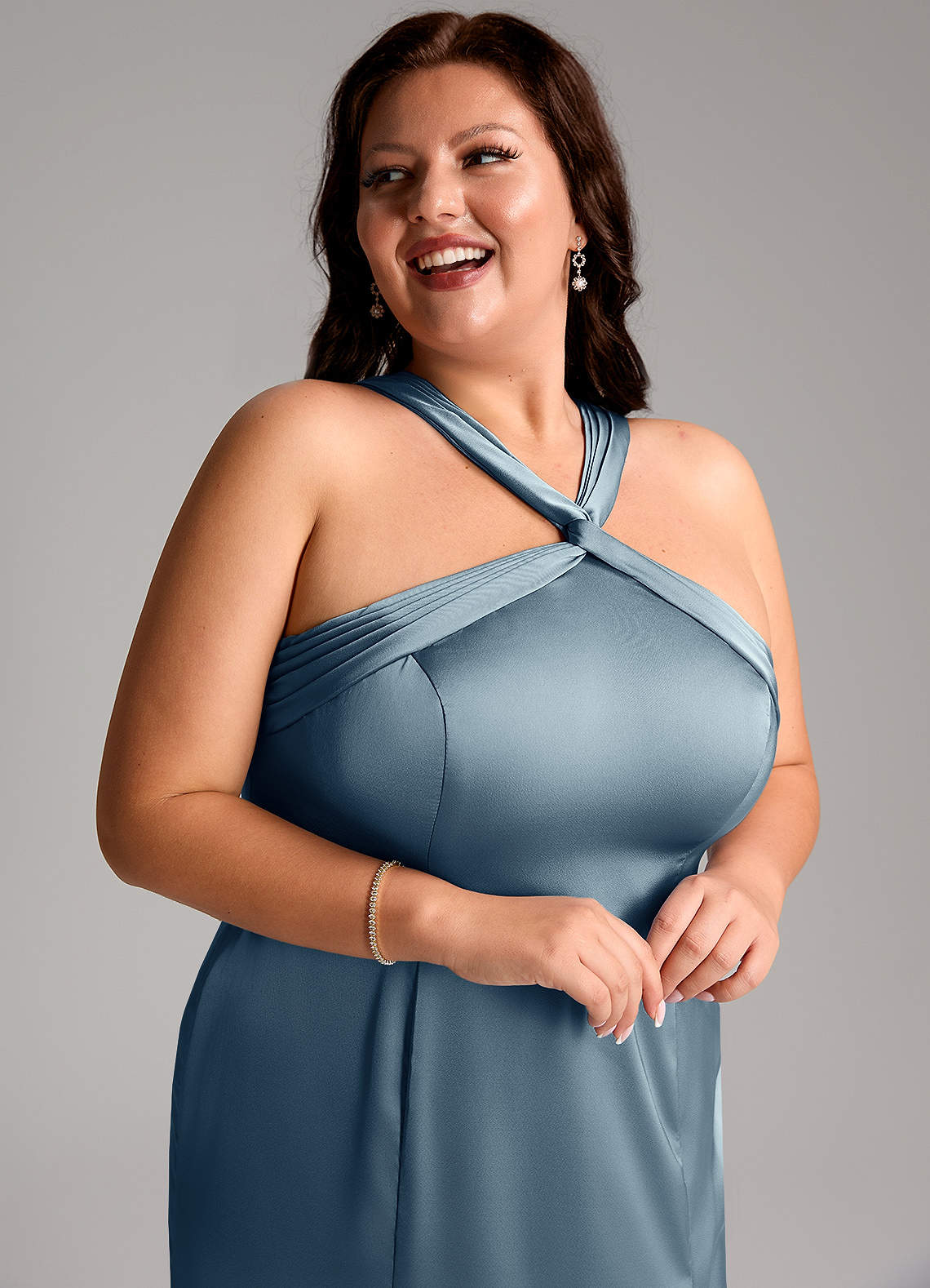 Azazie Rue Bridesmaid Dresses Dusty Blue A-Line Pleated Stretch Satin Dress image12