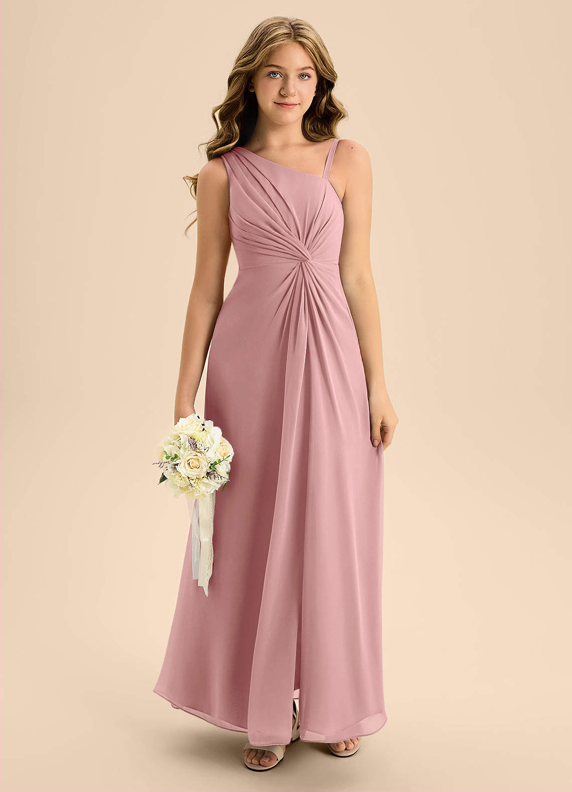 Azazie Brooke Junior Vestido de Rosa Polvorienta de Gasa de Corte en A con Corte Lateral image2
