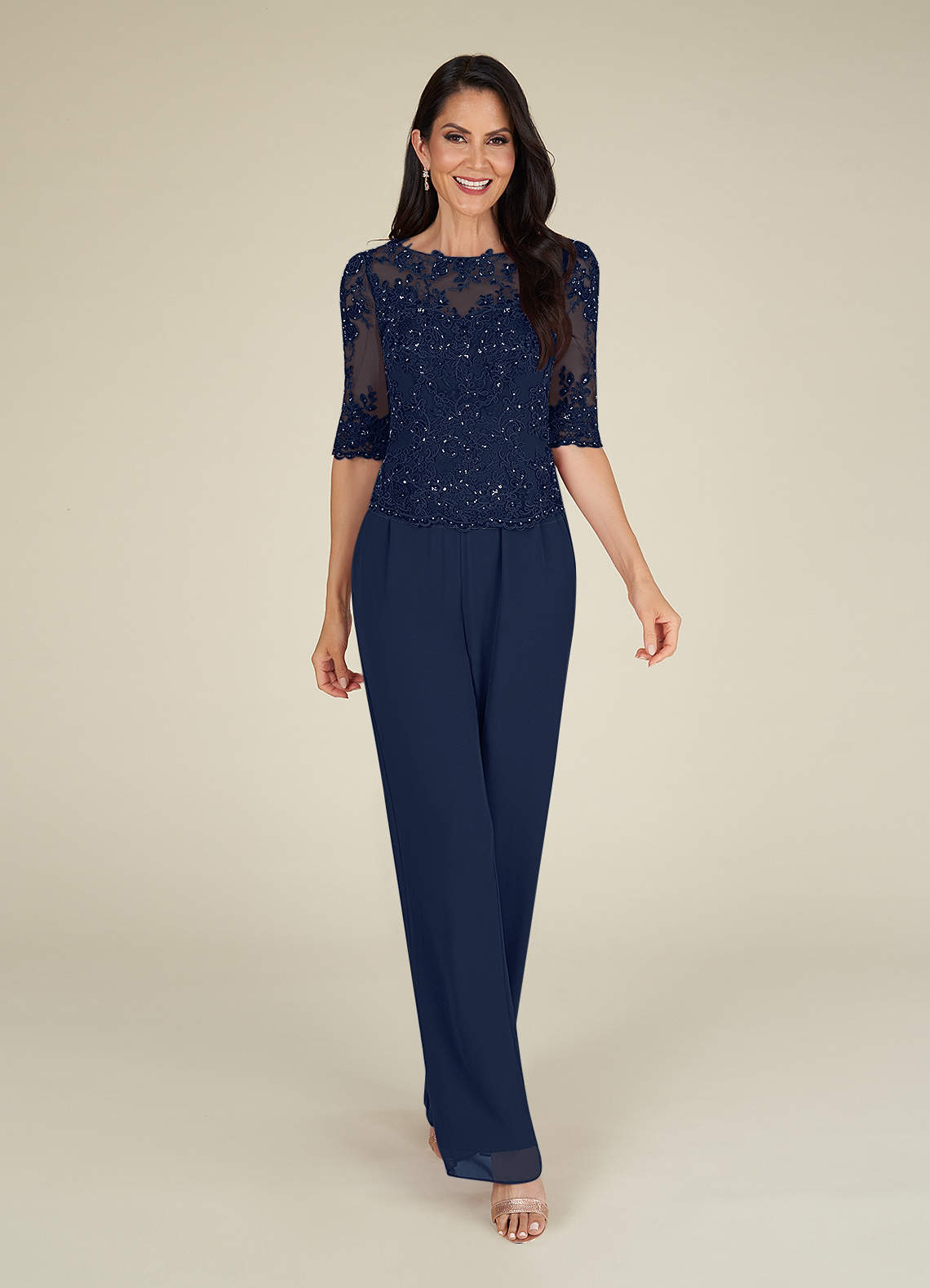 Azazie Florida Abiti per la Madre della Sposa Abito Tuta Pantaloni in Chiffon Lustrini Marino Scuro image7