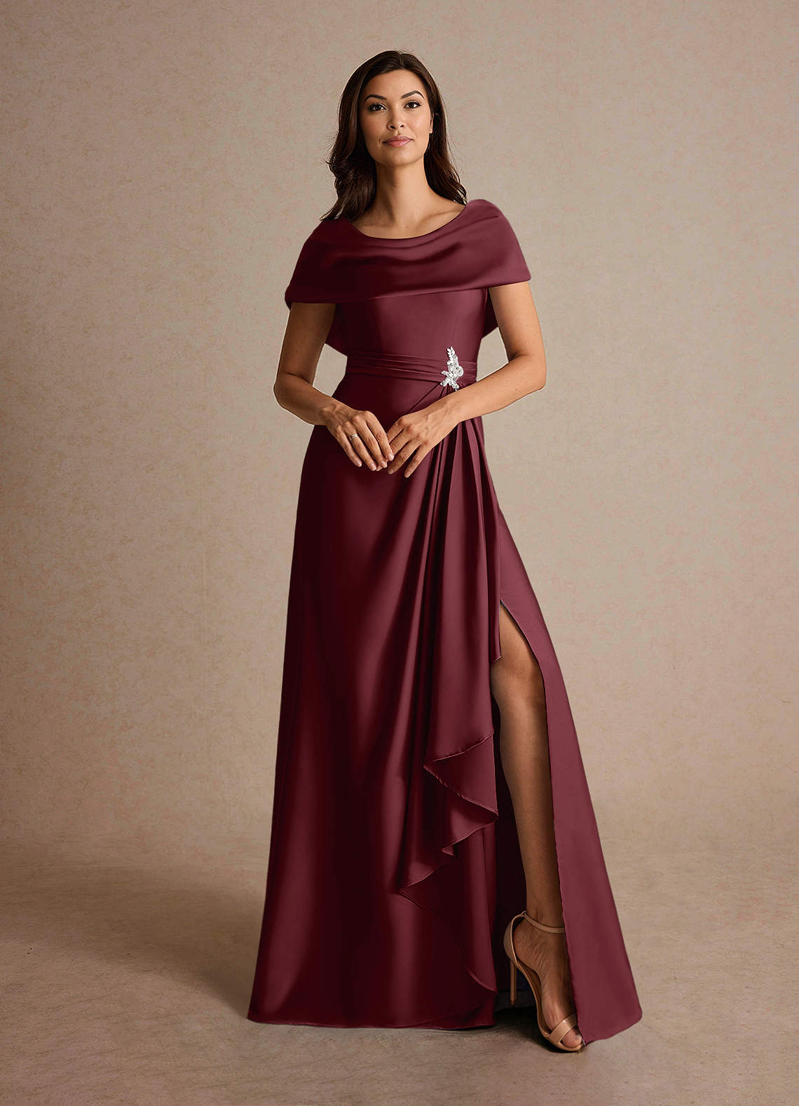 Azazie Branford Mother of the Bride Dresses Cabernet A-Line Pleated Stretch Satin Dress image6