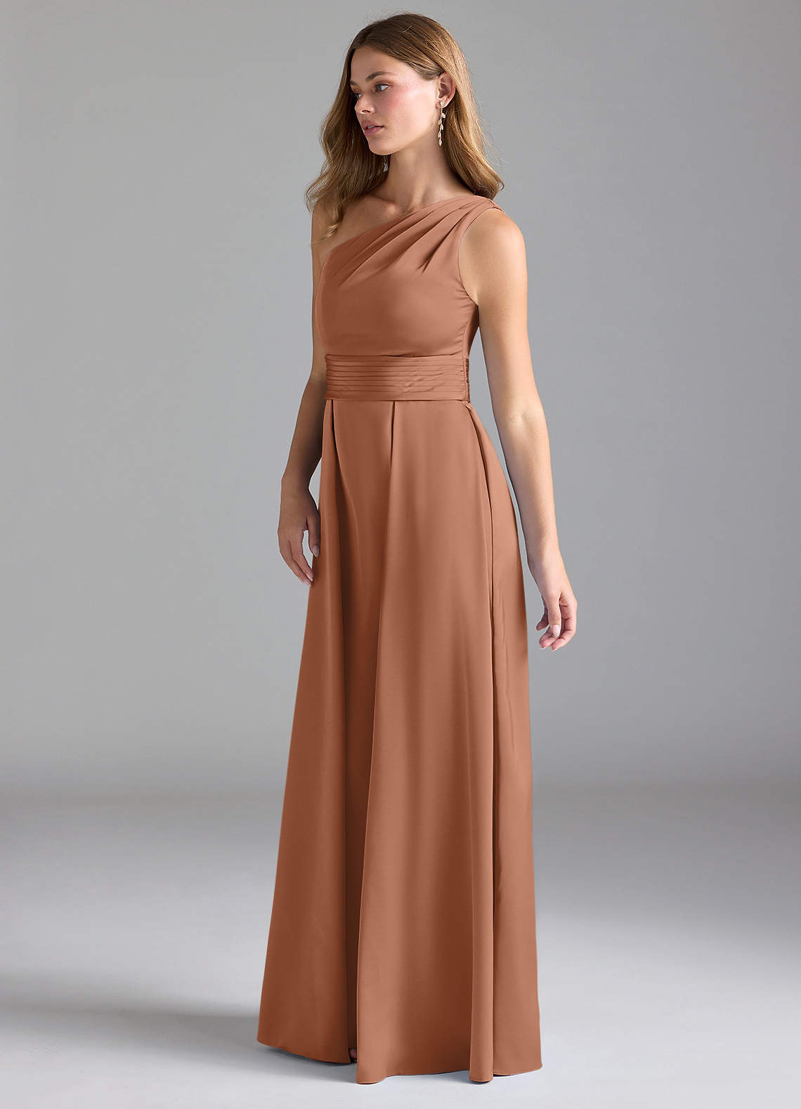 Azazie Dallas Probar vestidos en casa Vestido de Agave de Satén Elástico de Corte en A con Hombro unilateral image4