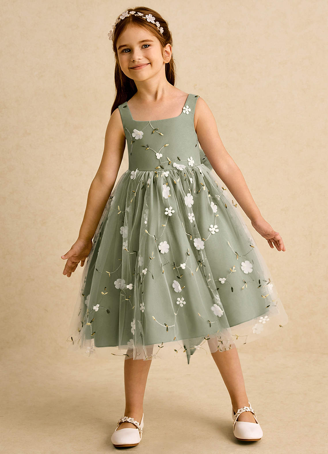 Azazie Bean Robe Demoiselle D'honneur Fillette Robe Princesse en Tulle Sans manches Pistache image2