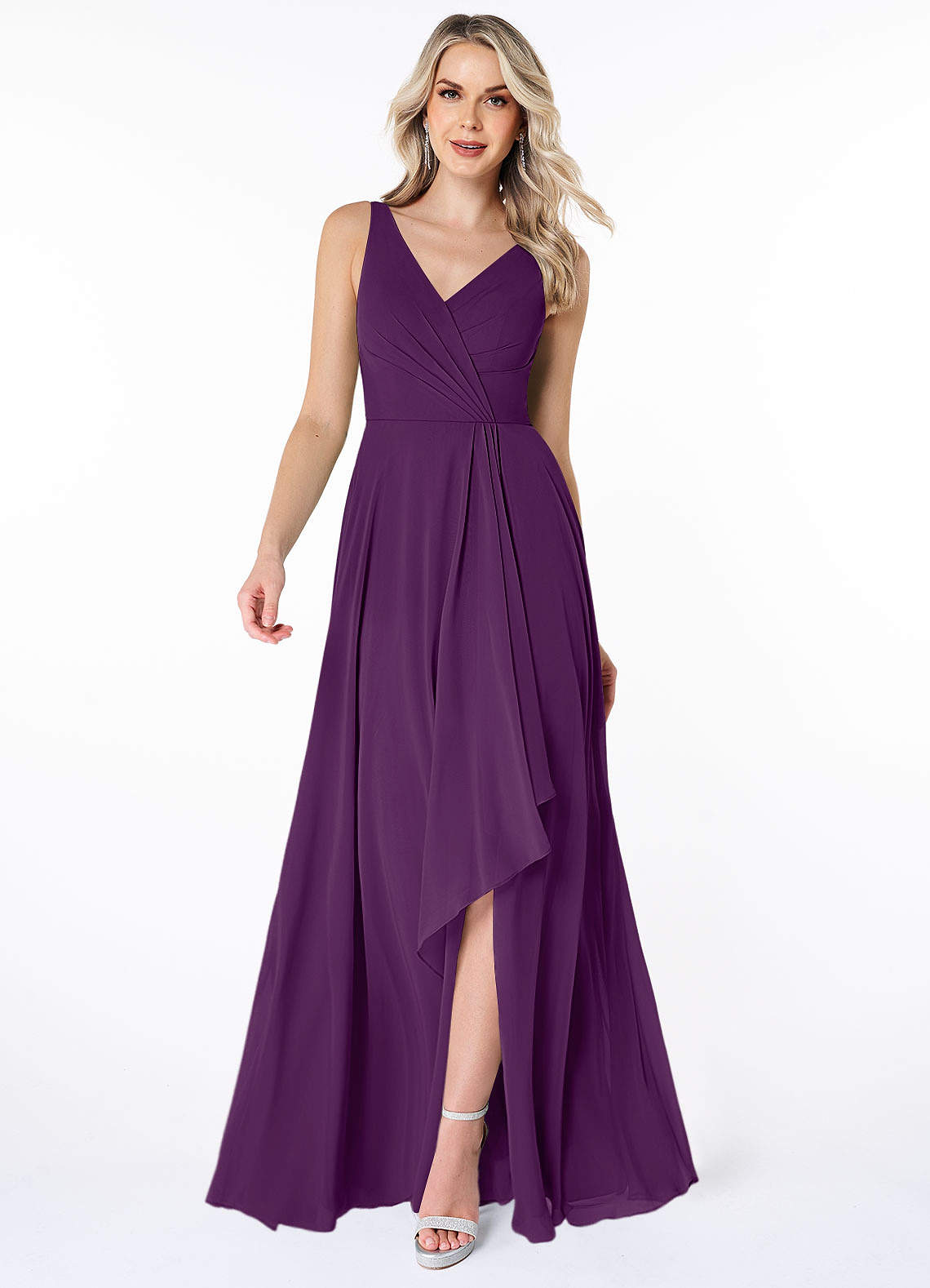Azazie Calvi Bridesmaid Dresses Grape A-Line Ruched Chiffon Dress image1