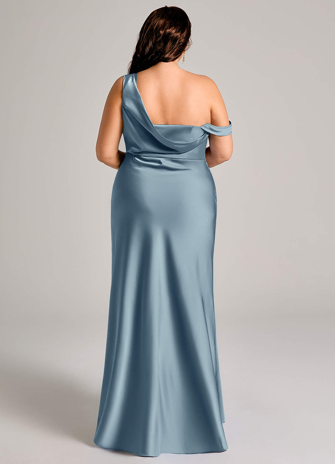 Azazie Madelyn Bridesmaid Dresses Dusty Blue Mermaid One Shoulder Stretch Satin Convertible Dress image15