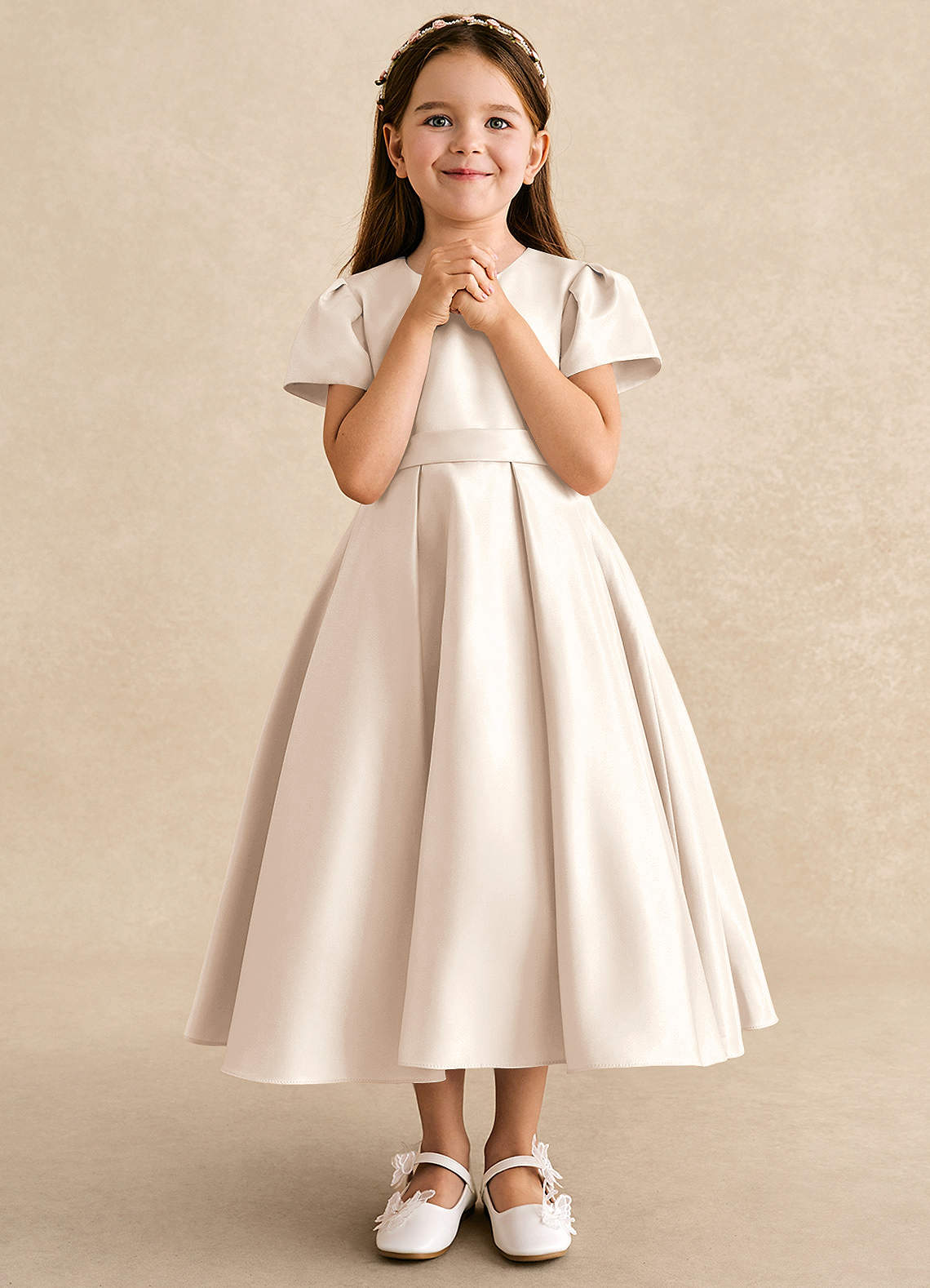 Azazie Princess Vestidos de florista Vestido Alabastro Branco de Cetim fosco de Linha A com Plissado image3
