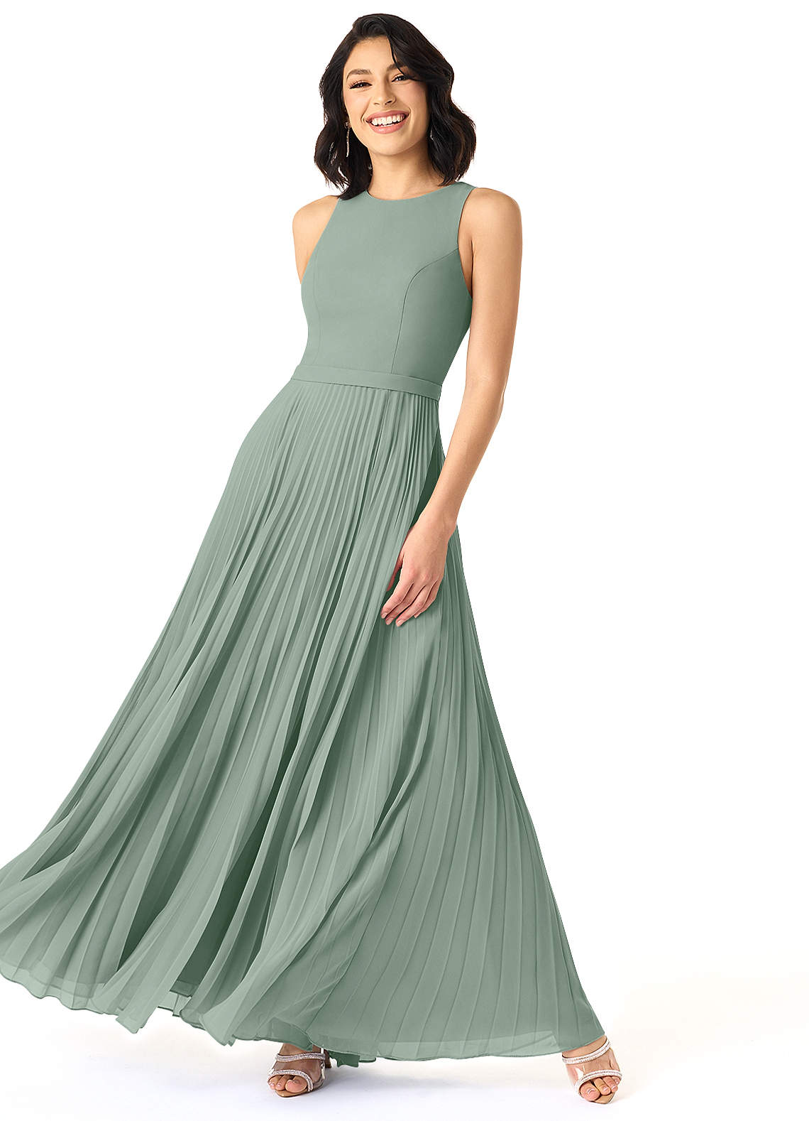 Azazie Lindie Robes de demoiselle d'honneur Robe Trapèze en Mousseline de soie Plissé à encolure dégagée Sauge D'argent image2