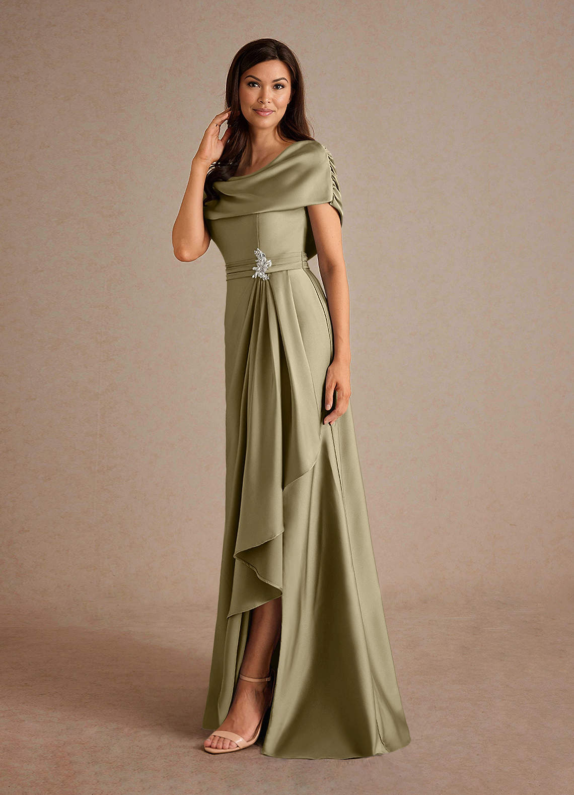 Azazie Branford Moss Green A-Line Pleated Stretch Satin Dress | Azazie