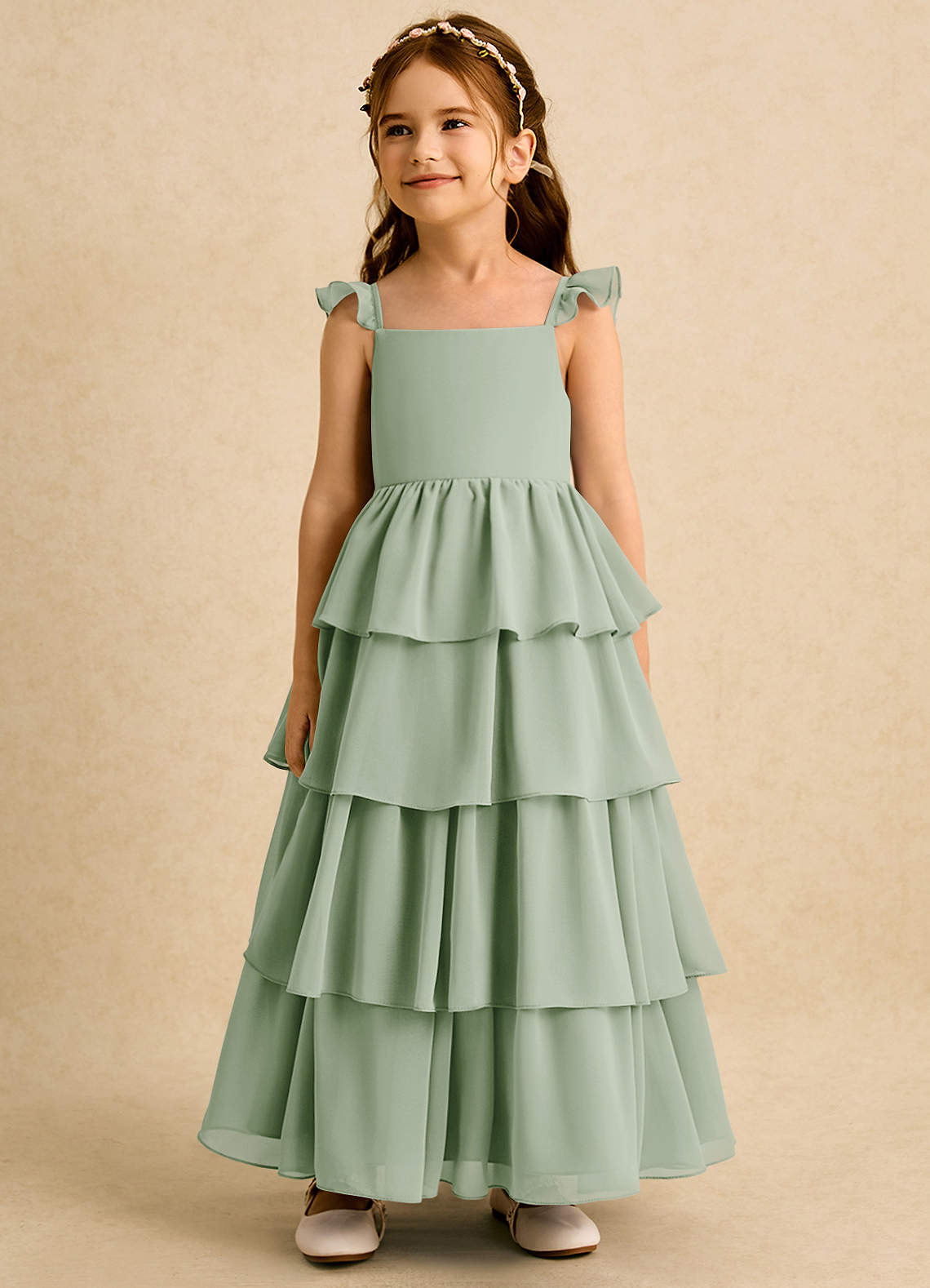 Azazie Boba Flower Girl Dresses Dusty Sage A-Line Square Neckline Chiffon Dress image3