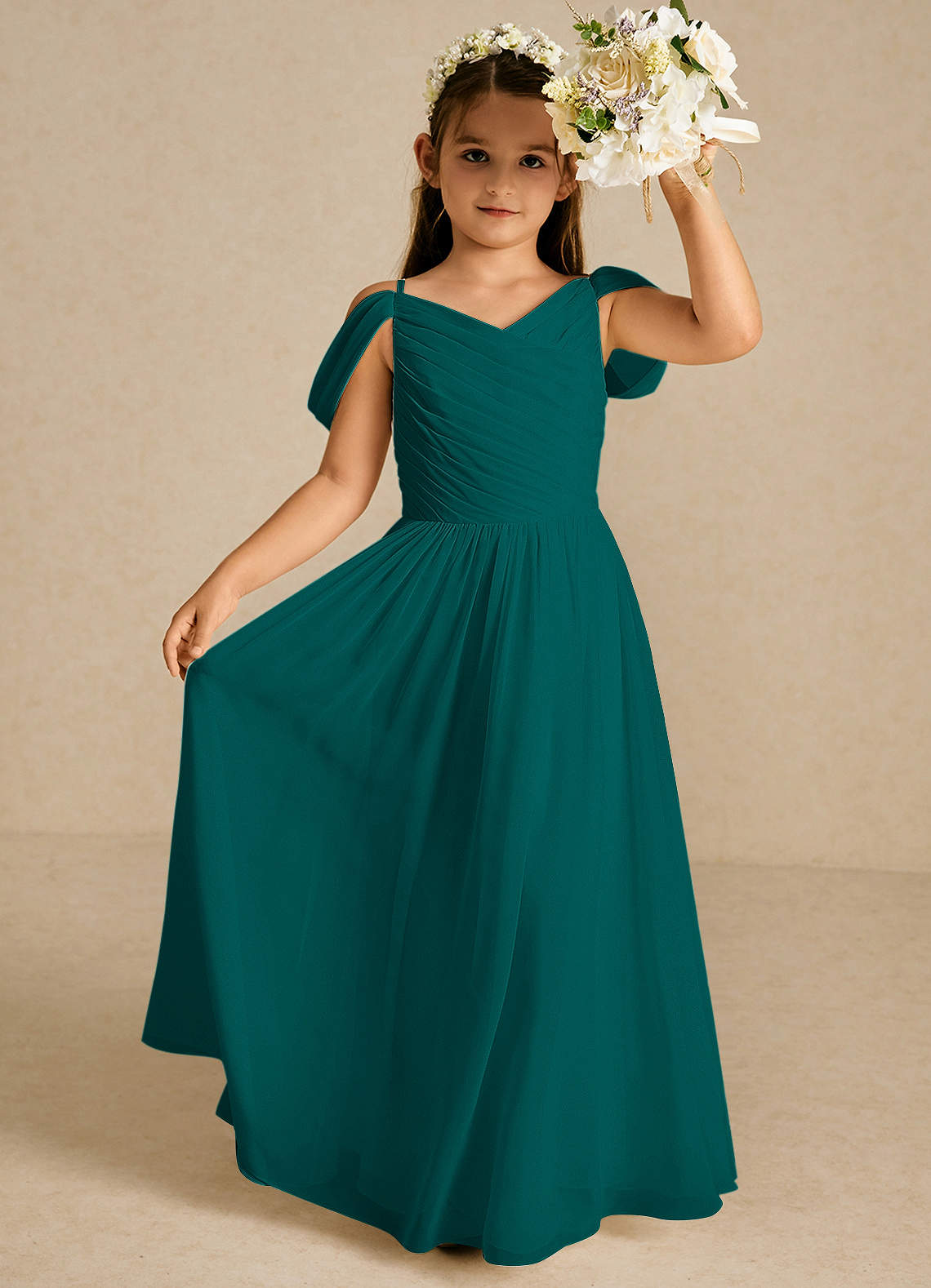 Azazie Chelle Flower Girl Dresses Peacock A-Line Pleated Chiffon Dress image1