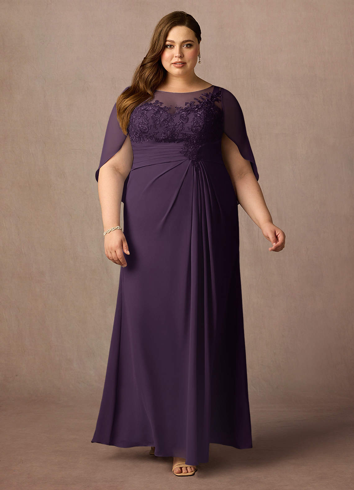 Azazie Hera Mother of the Bride Dresses Plum A-Line Lace Capelet Chiffon Dress image5