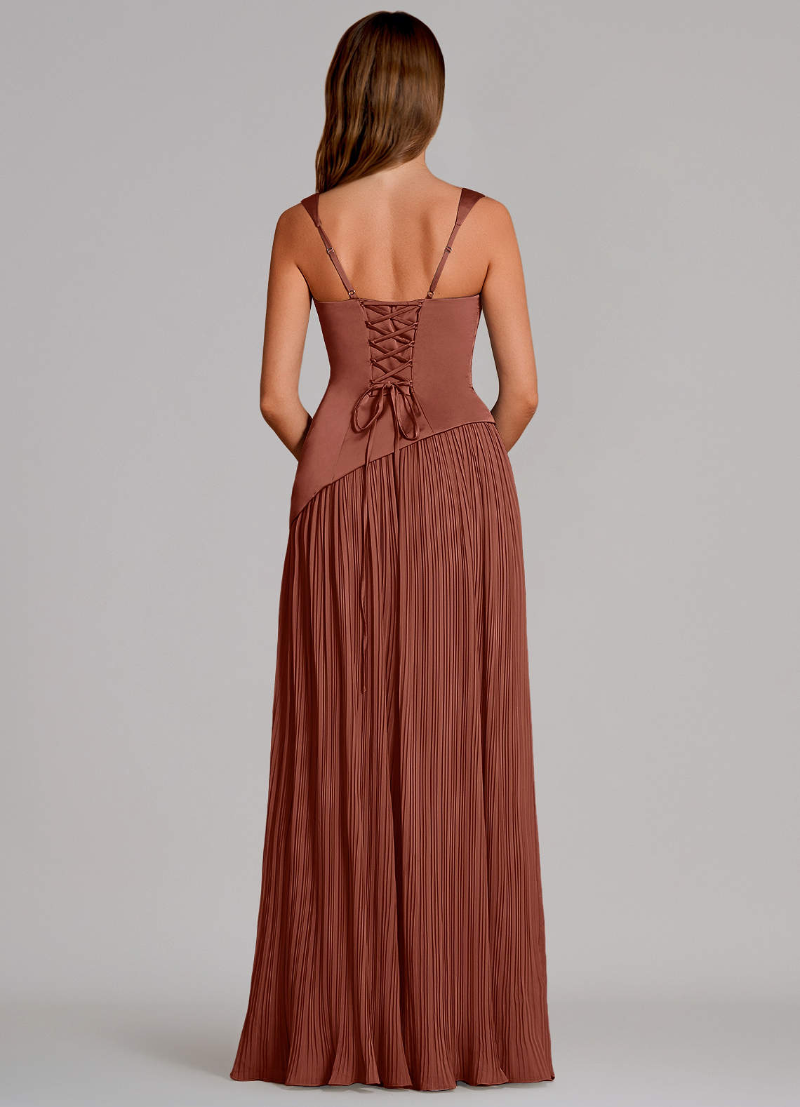 Azazie Stephanie Vestidos de madrinha de casamento Vestido Castanho Aloirado de Cetim elástico de Linha A com Plissado image4