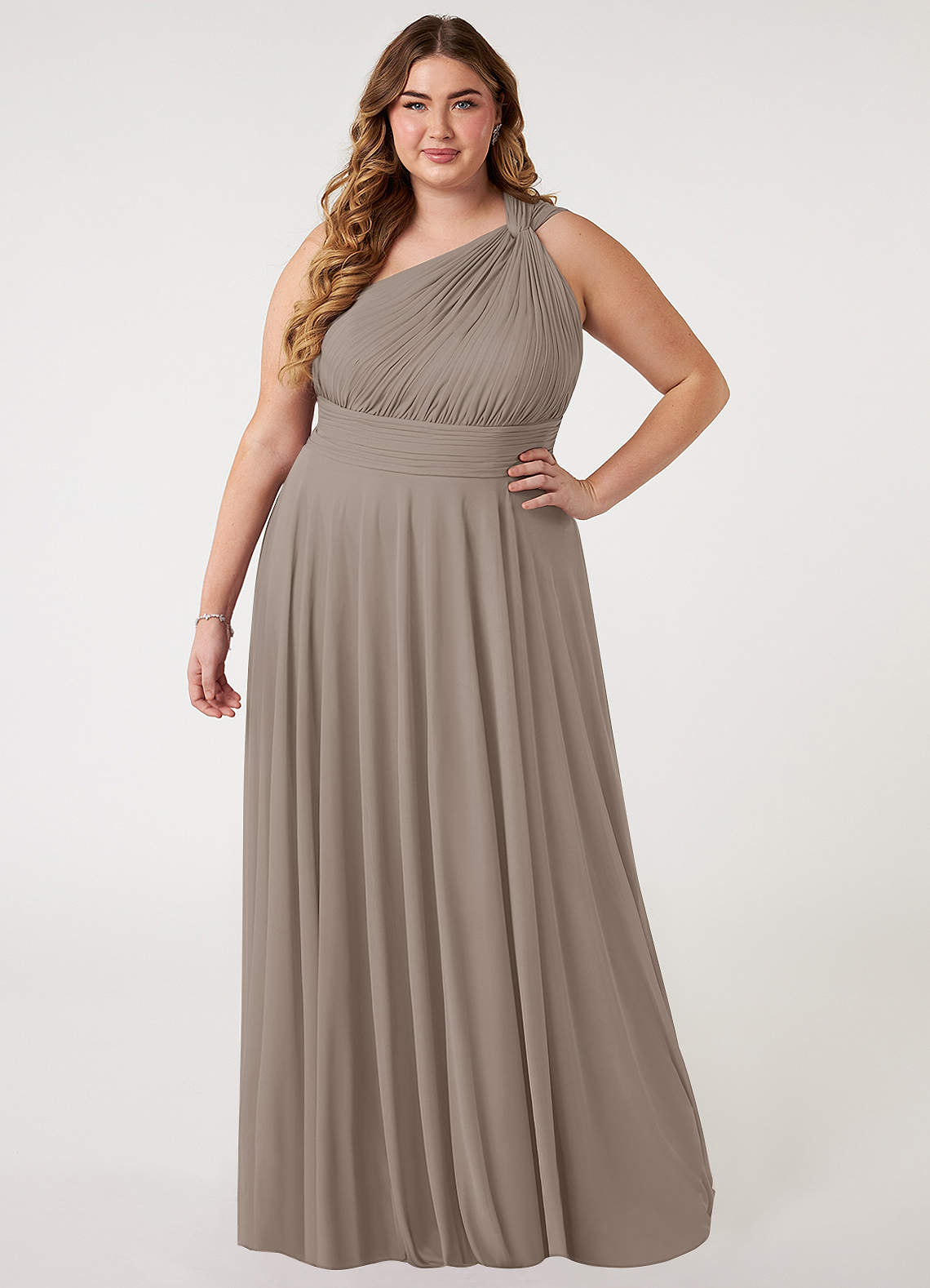Azazie Charlize Bridesmaid Dresses Taupe A-Line One Shoulder Mesh Dress image1