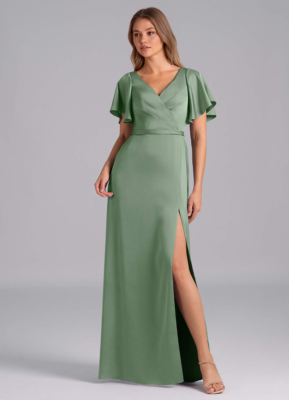 Azazie Ambrosia Vestidos de damas de honor Vestido de Matcha de Satén Elástico de Corte en A con Plisado image1