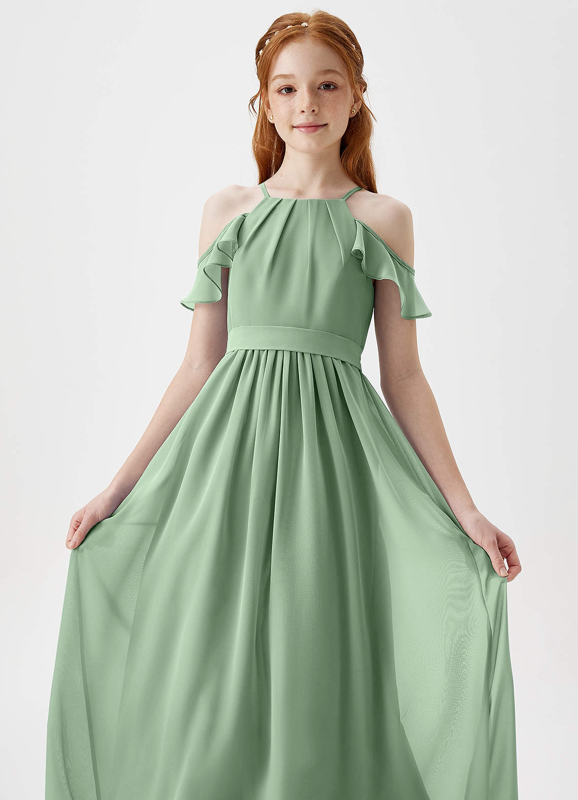 Azazie Chaya Junior Vestido de Matcha de Gasa de Corte En A con Vestidos sin tirantes image1