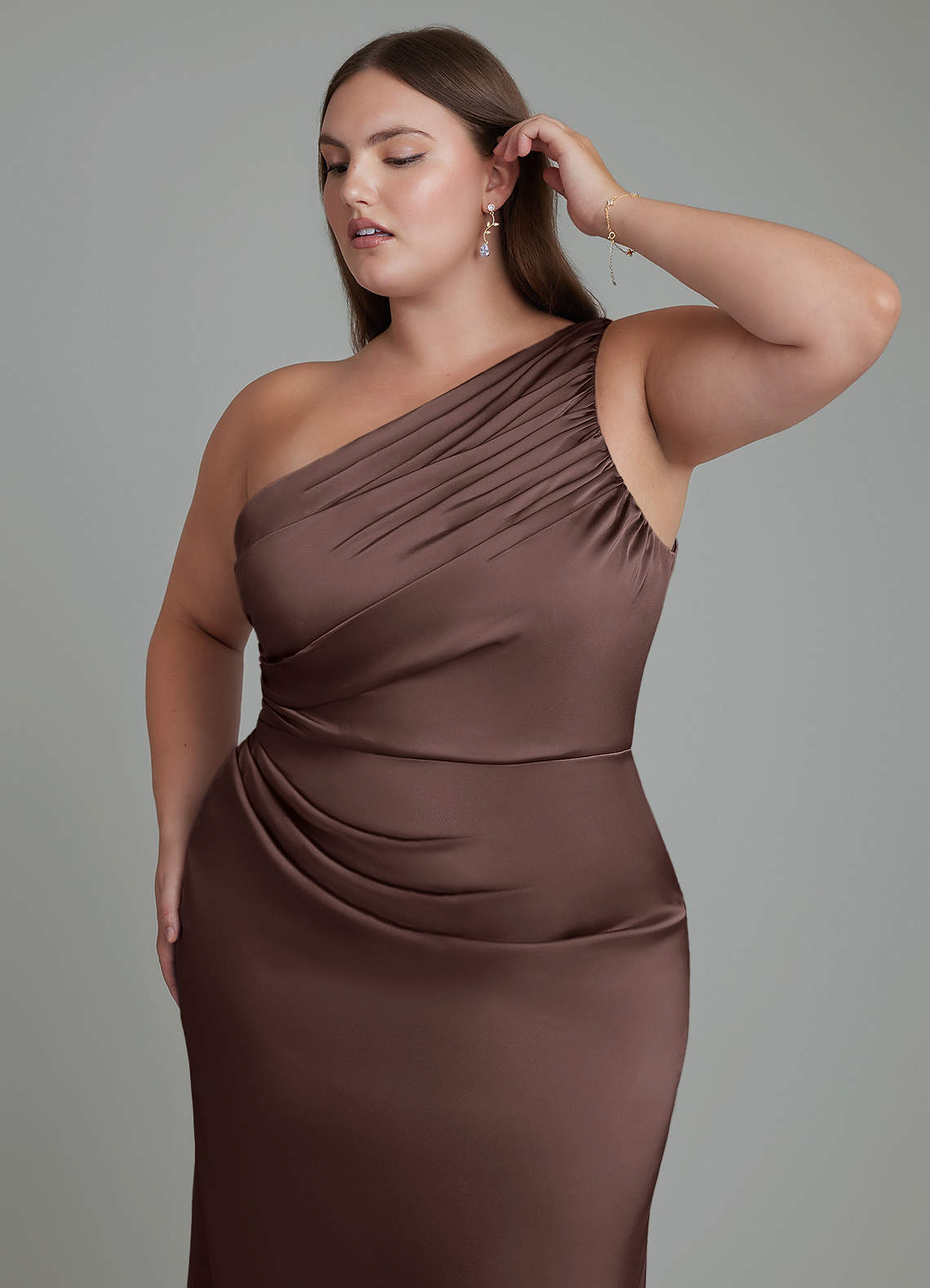 Azazie Akilah Bridesmaid Dresses Ganache Mermaid One Shoulder Stretch Satin Dress image12