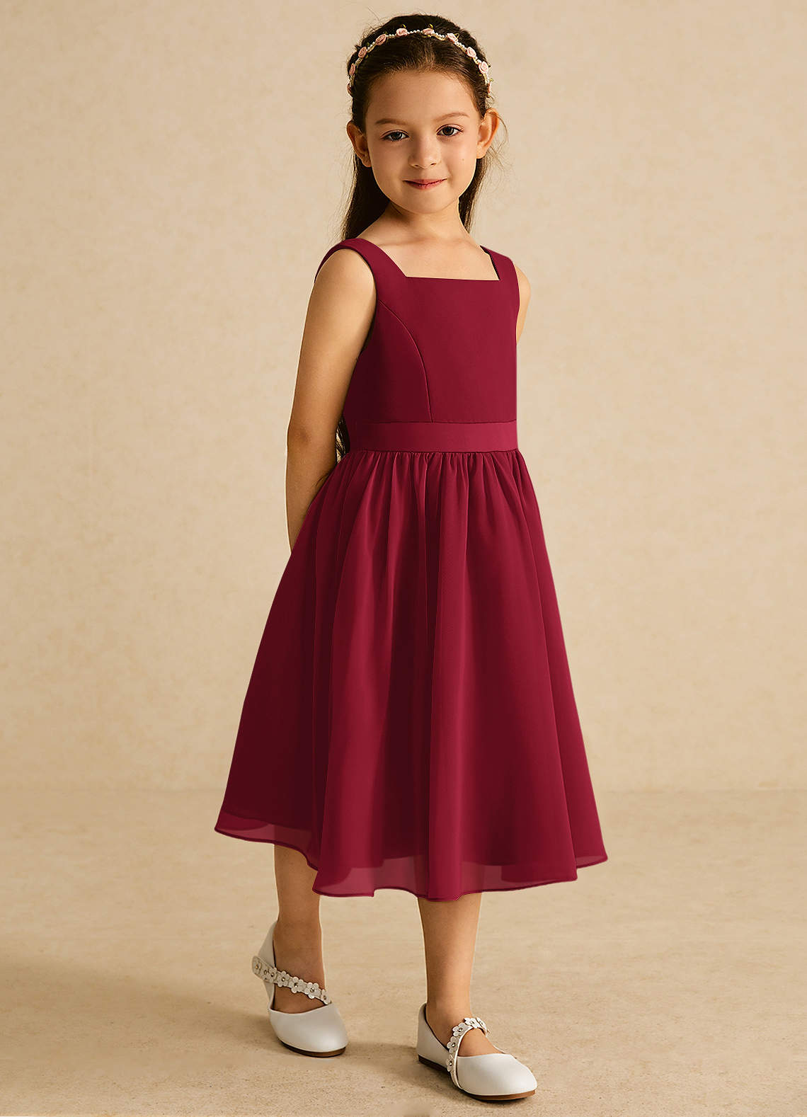 Azazie Ari Flower Girl Dresses Burgundy A-Line Sleeveless Chiffon Dress image4