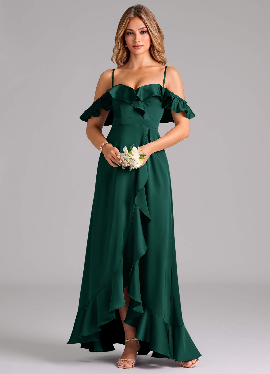 Azazie Lyra Bridesmaid Dresses Emerald A-Line Off the Shoulder Stretch Satin Convertible Dress image4