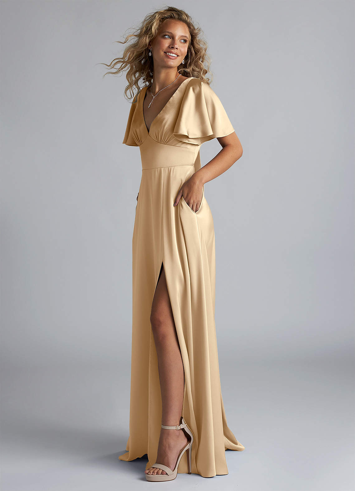 Azazie Kimber Bridesmaid Dresses Champagne A-Line Ruched Stretch Satin Dress image5