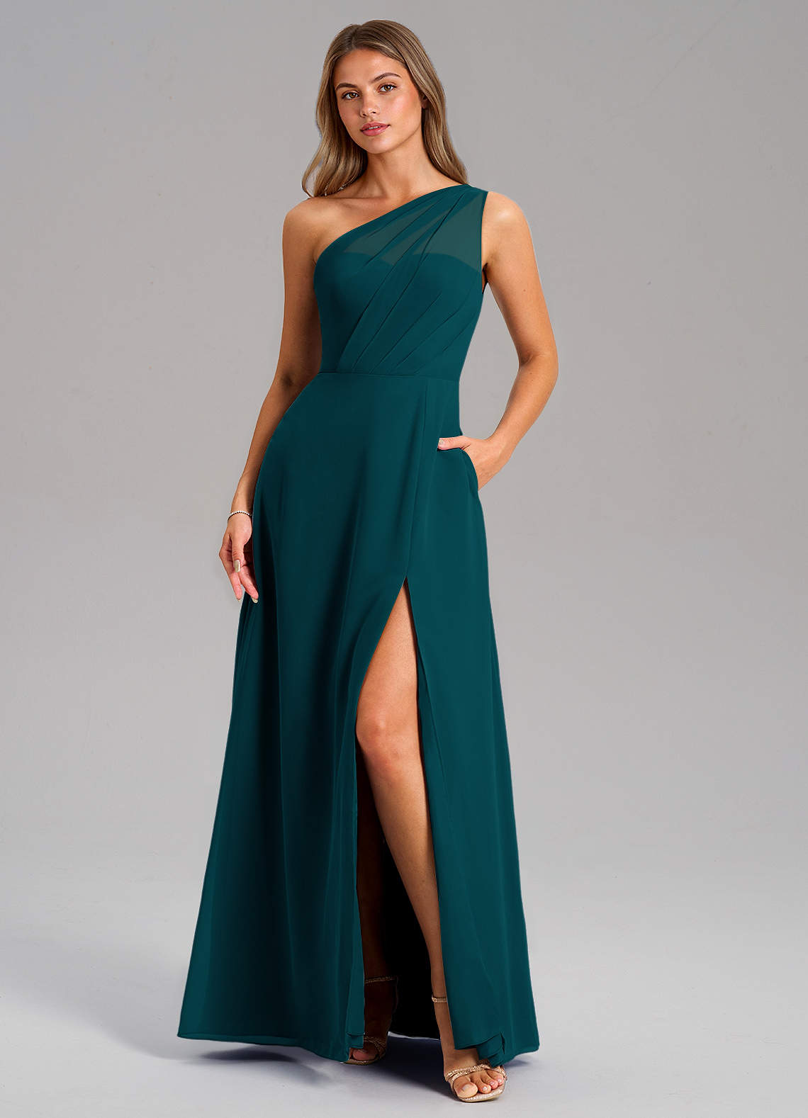 Azazie Phaedra Bridesmaid Dresses Pine A-Line One Shoulder Chiffon Dress image1