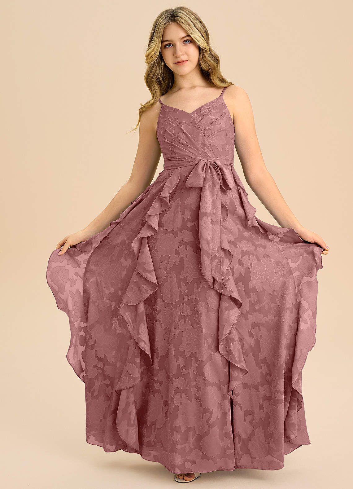 Azazie Peyton Junior Linia A Pofałdowany Kwiatowe wypalenie Długość podłogi Młodsza druhna Sukienka image2