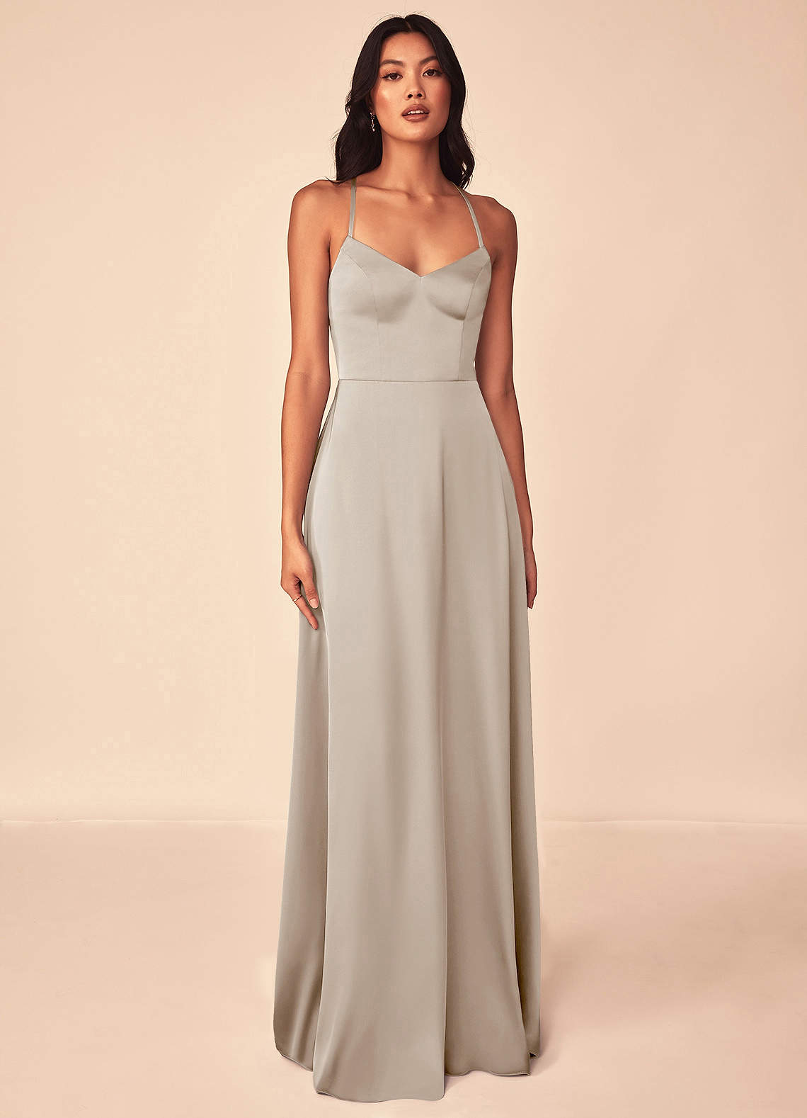Azazie Mei Bridesmaid Dresses Frost A-Line V-Neck Stretch Satin Dress image1