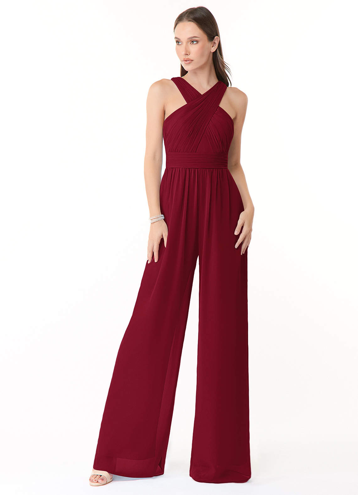 Azazie Berdie Bridesmaid Dresses Burgundy Halter Chiffon Jumpsuit image1