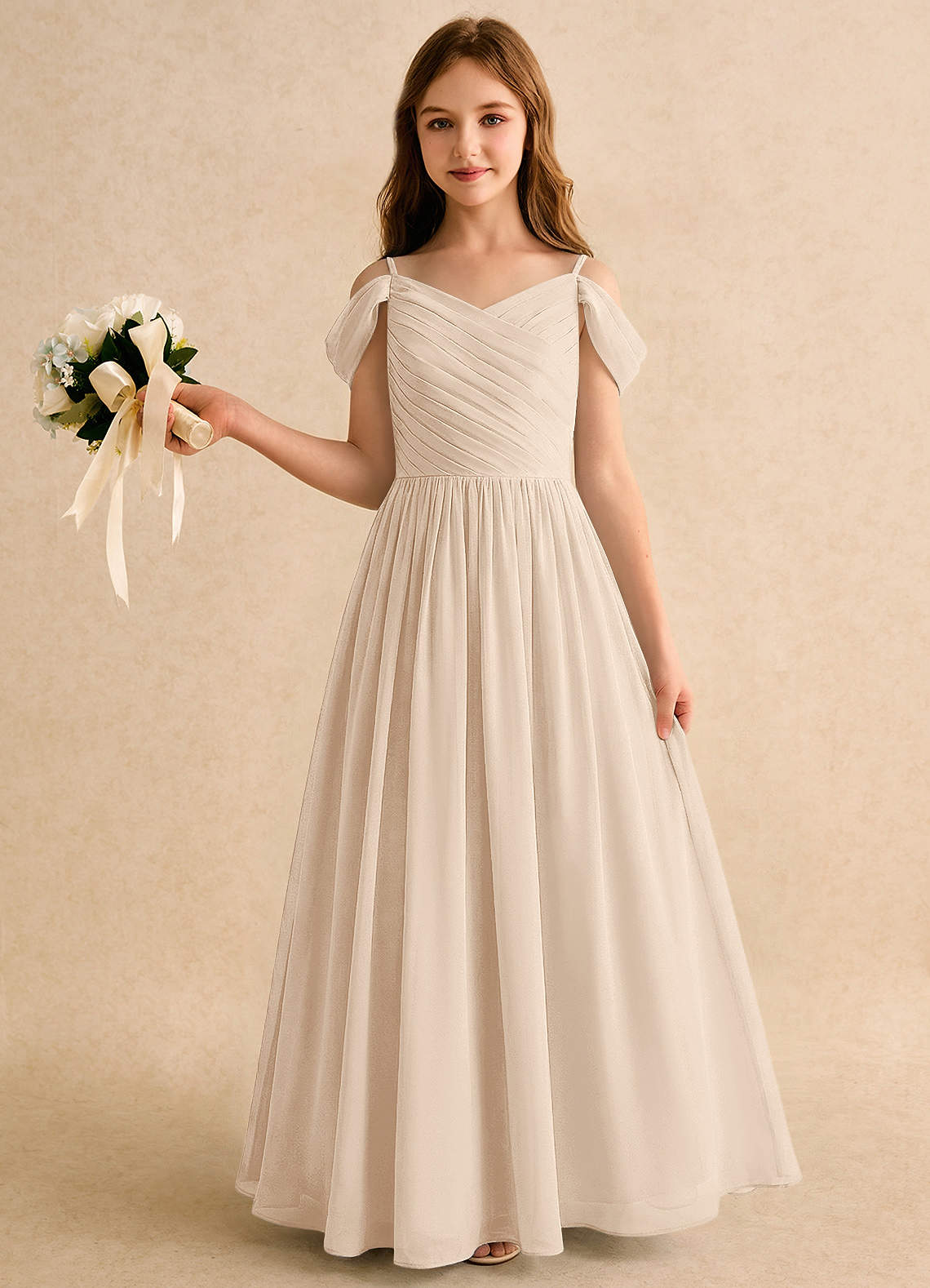 Azazie Chelo Girls Formal Sukienki dla dziewczynek sypiących kwiaty Linia A Pofałdowany Szyfon Długość podłogi Sukienka image2