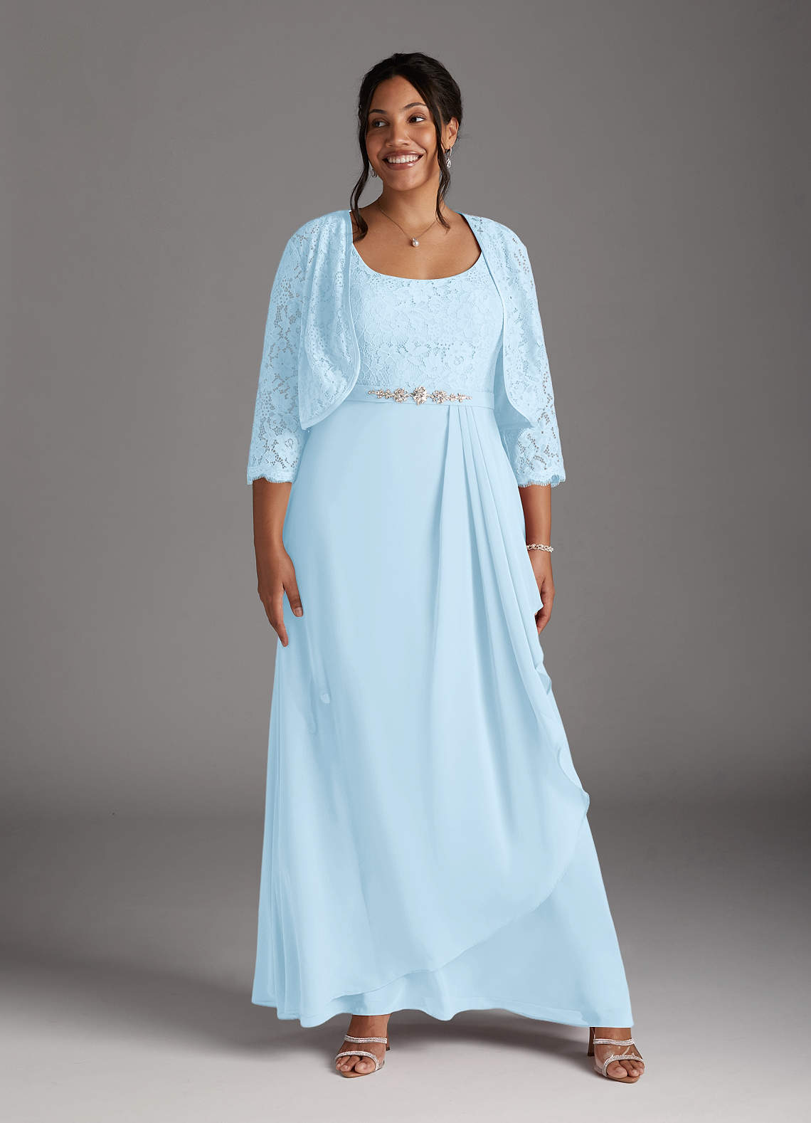 Azazie Ainsling Mère de la mariée Robes Robe Trapèze en Mousseline de soie Dentelle à encolure carrée Bleu Ciel image1