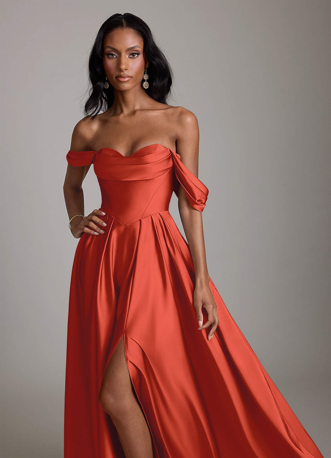 rust bridesmaid dress satin Sexy Off Shoulder Satin Bridesmaid Dresses Leg Slit