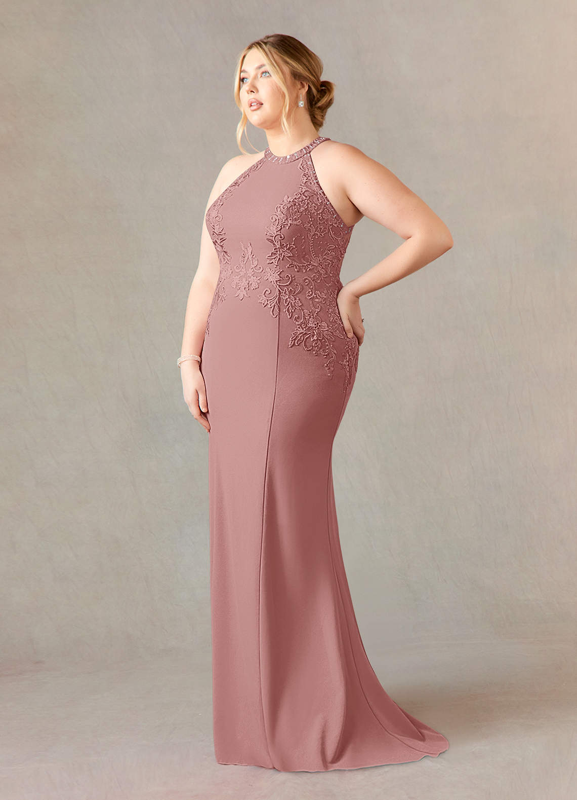 Azazie Tyra Mother of the Bride Dresses Dusty Rose Mermaid Halter Lace Stretch Crepe Dress image7
