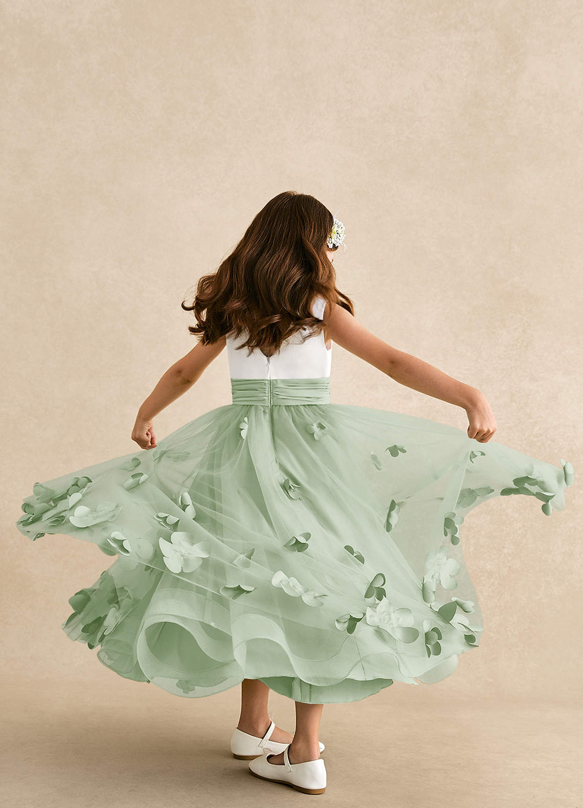Azazie Vi Robe Demoiselle D'honneur Fillette Robe Trapèze en Tulle Sans manches Vert Sauge image2