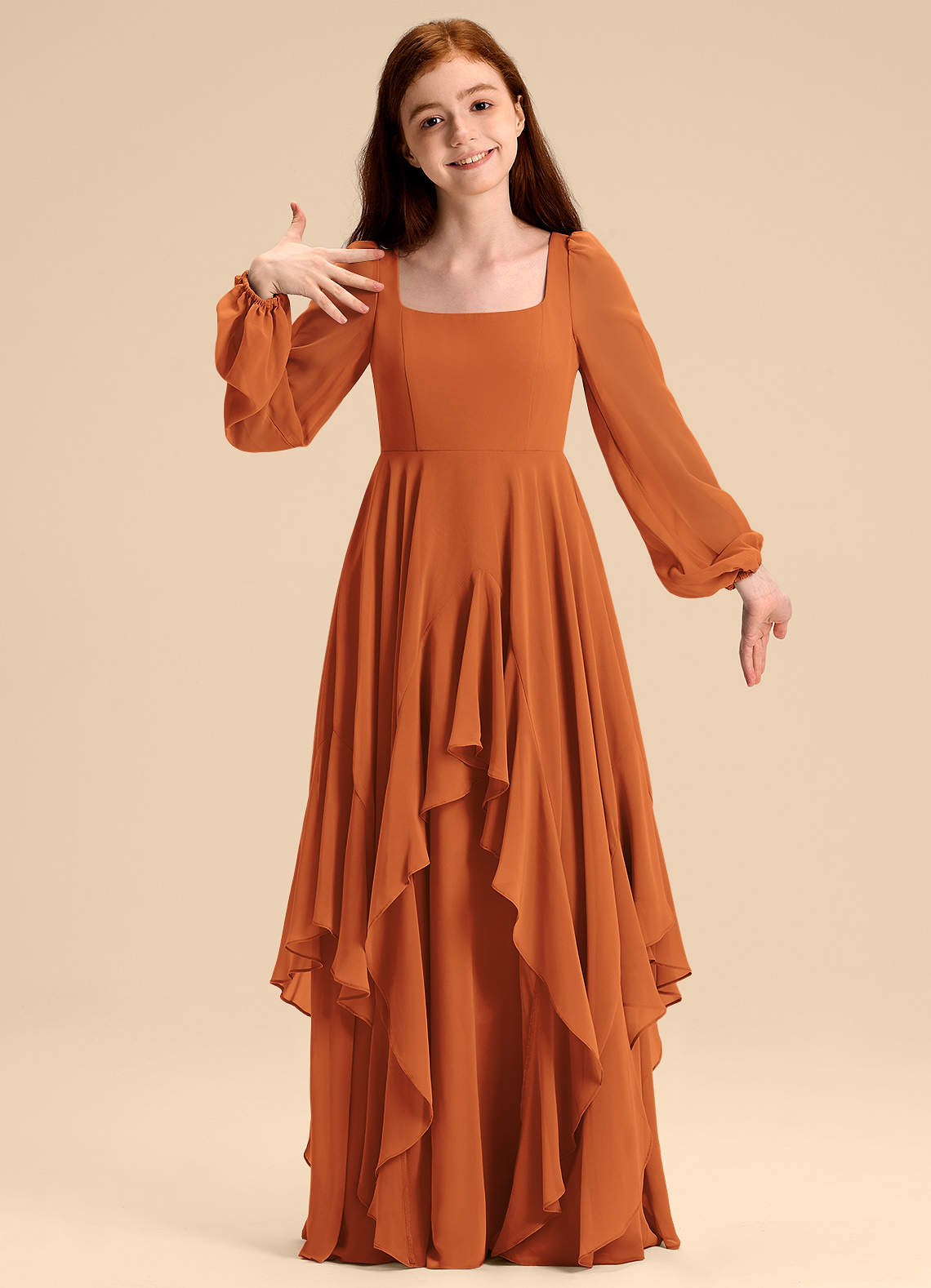 Azazie Clara Junior Cinnamon A-Line Blouson Chiffon Dress image1