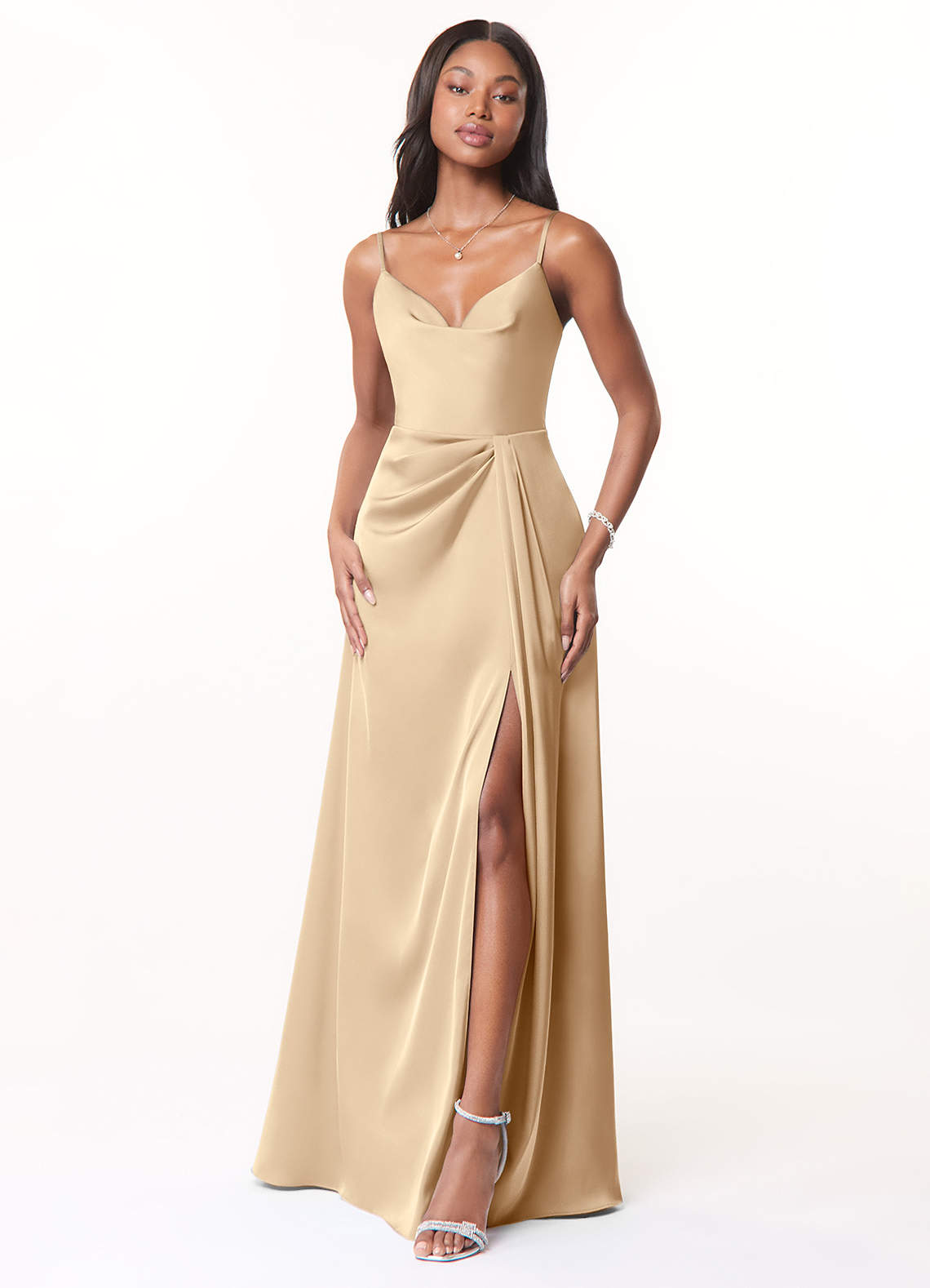 Azazie Brielle Champagne Stretch Satin Bridesmaid Dresses | Azazie