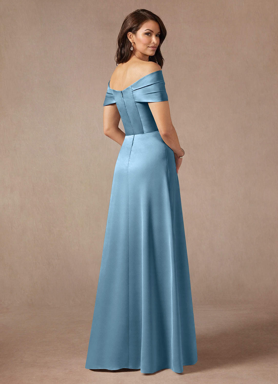 Azazie Amelia Mother of the Bride Dresses Steel Blue A-Line Off the Shoulder Stretch Satin Dress image1