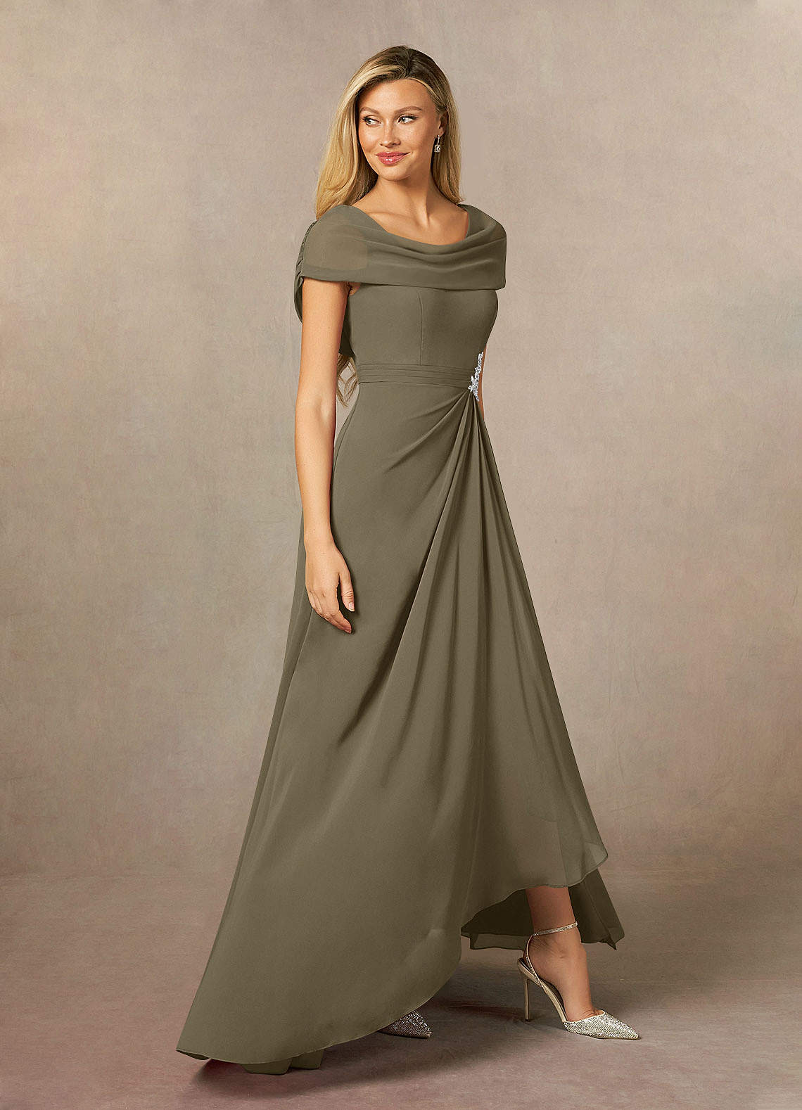slim fit dress slacks Lesley Green Embellished Draped Chiffon Maxi Gown, XL / Green