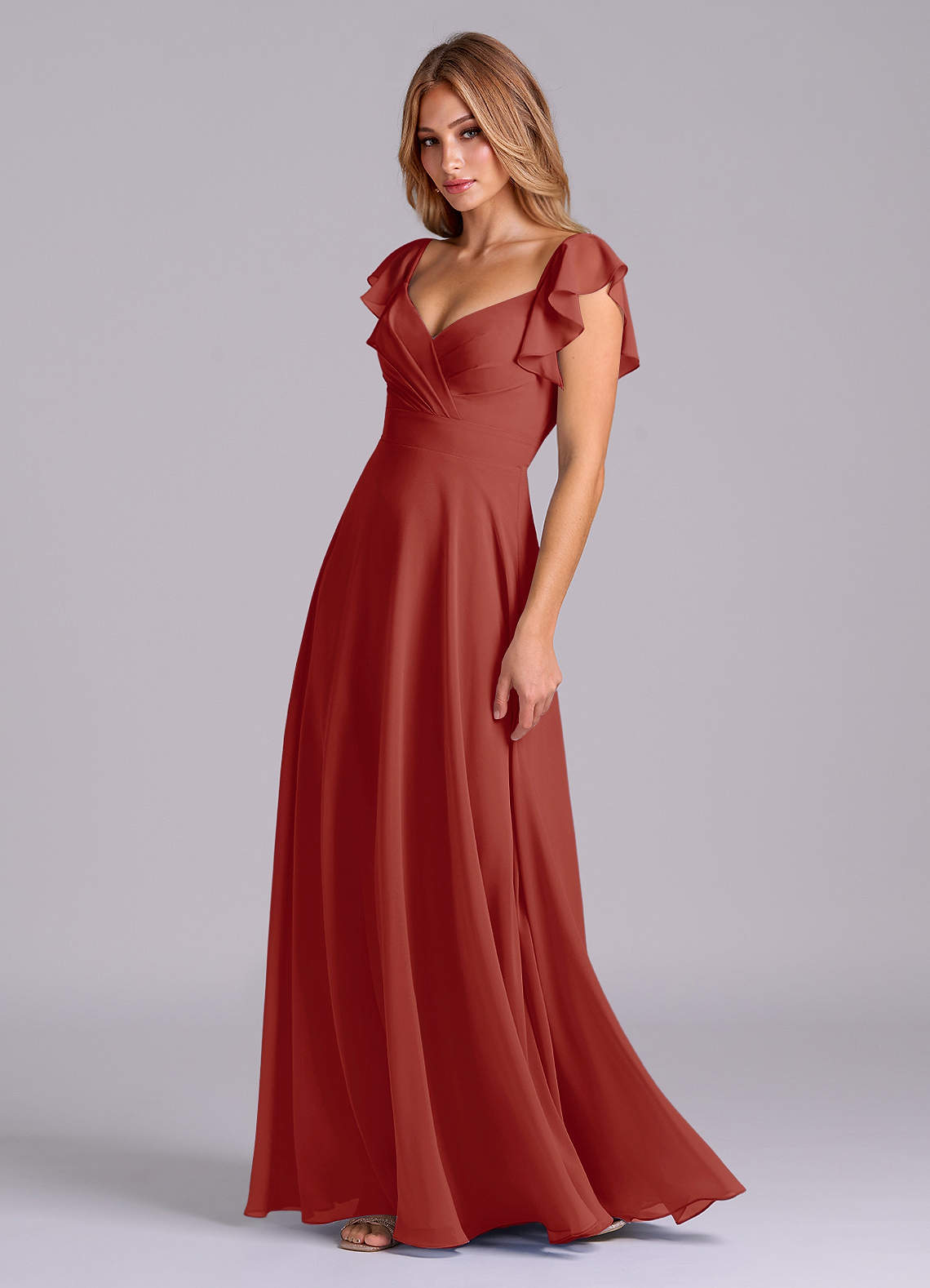 Azazie Leilani Vestidos de madrinha de casamento Vestido Terracota de Chiffon de Linha A com Plissado image3
