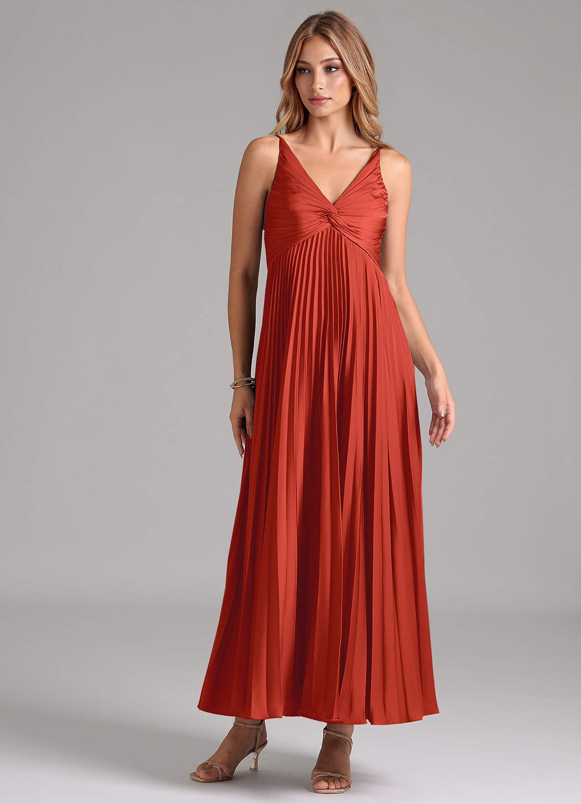 Azazie Raychelle Bridesmaid Dresses Rust A-Line Pleated Stretch Satin Dress image1