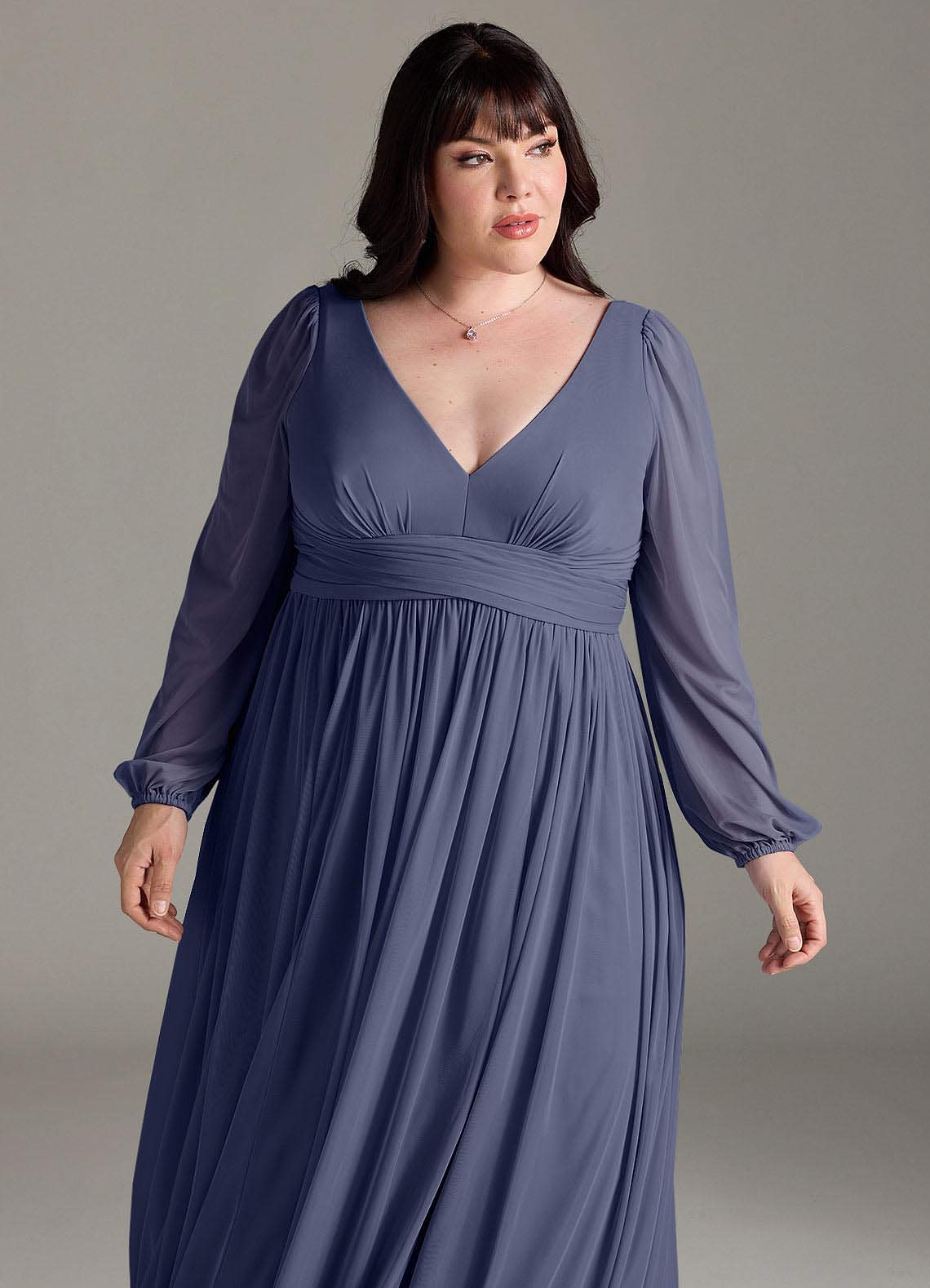 Azazie Norah Bridesmaid Dresses Stormy A-Line V-Neck Long Sleeve Chiffon Dress image11