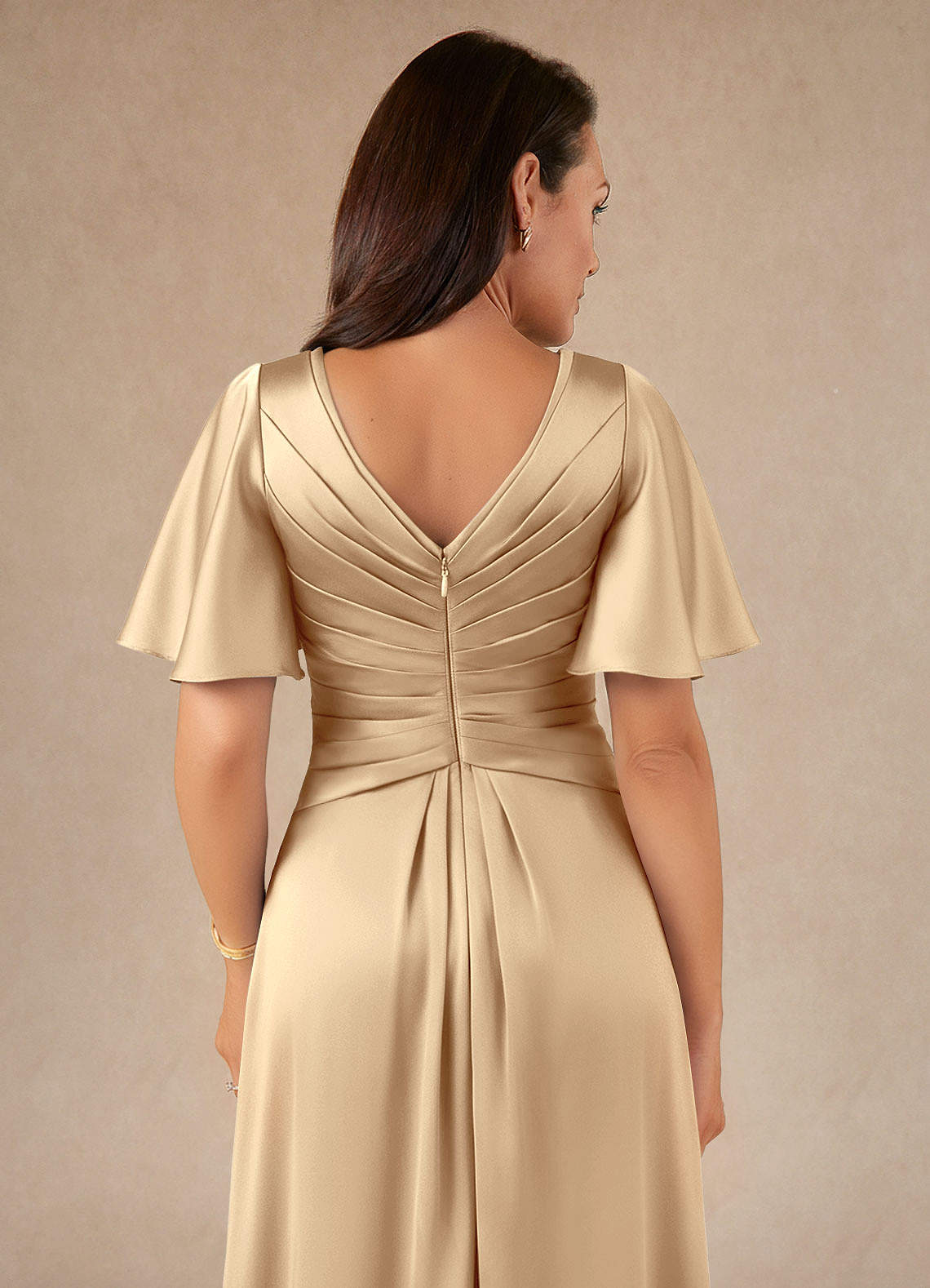 Azazie Emmeline Mother of the Bride Dresses Champagne A-Line Pleated Stretch Satin Dress image3