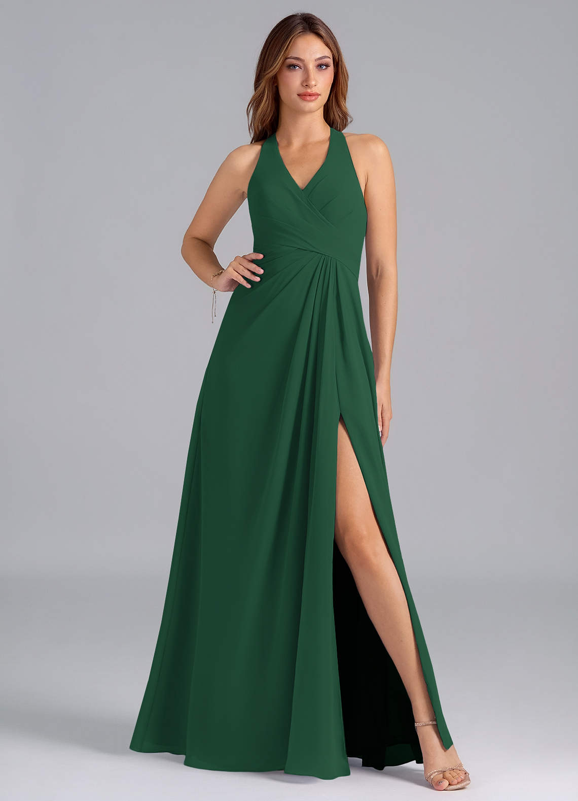 Azazie Dorota Bridesmaid Dresses Dark Green A-Line Pleated Chiffon Dress image1