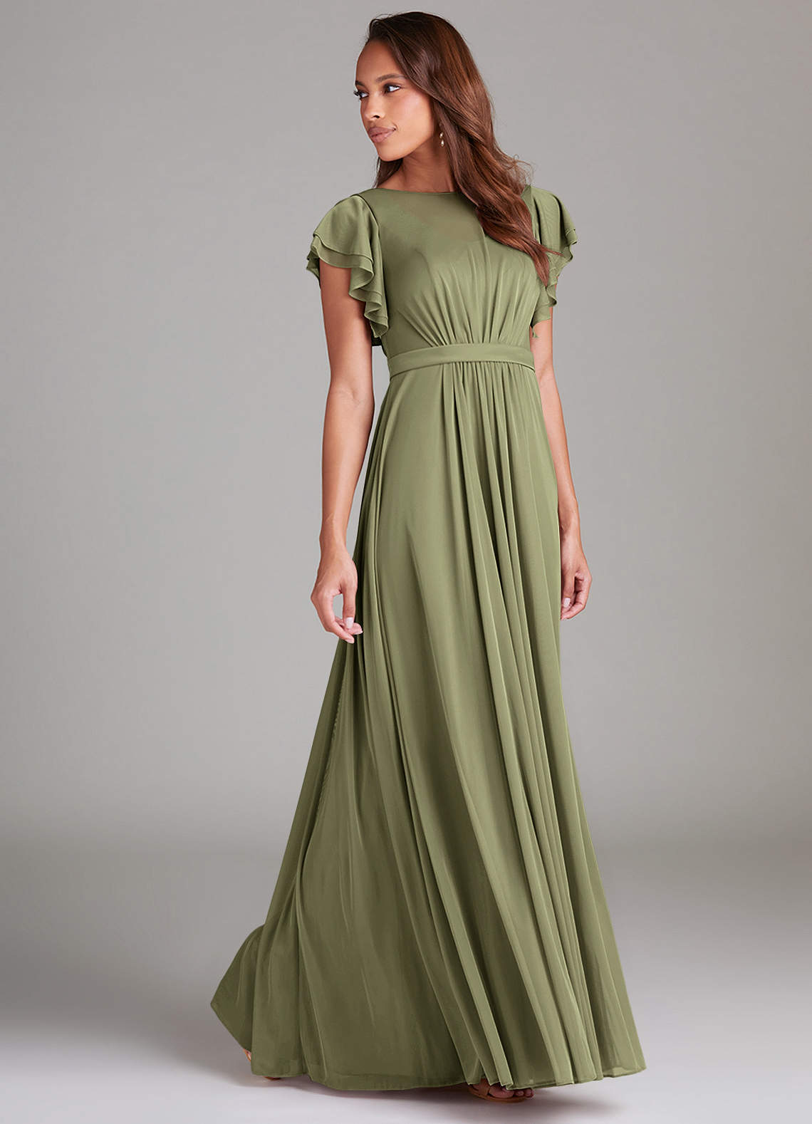 Azazie Daphne At-home Try On Dresses A-Line Ruched Mesh Floor-Length Dress image2
