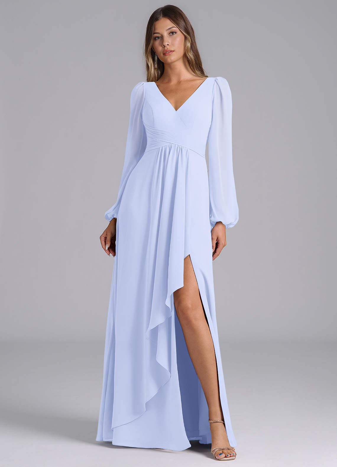 Azazie Omari Bridesmaid Dresses Lavender A-Line Long Sleeve Chiffon Dress image1