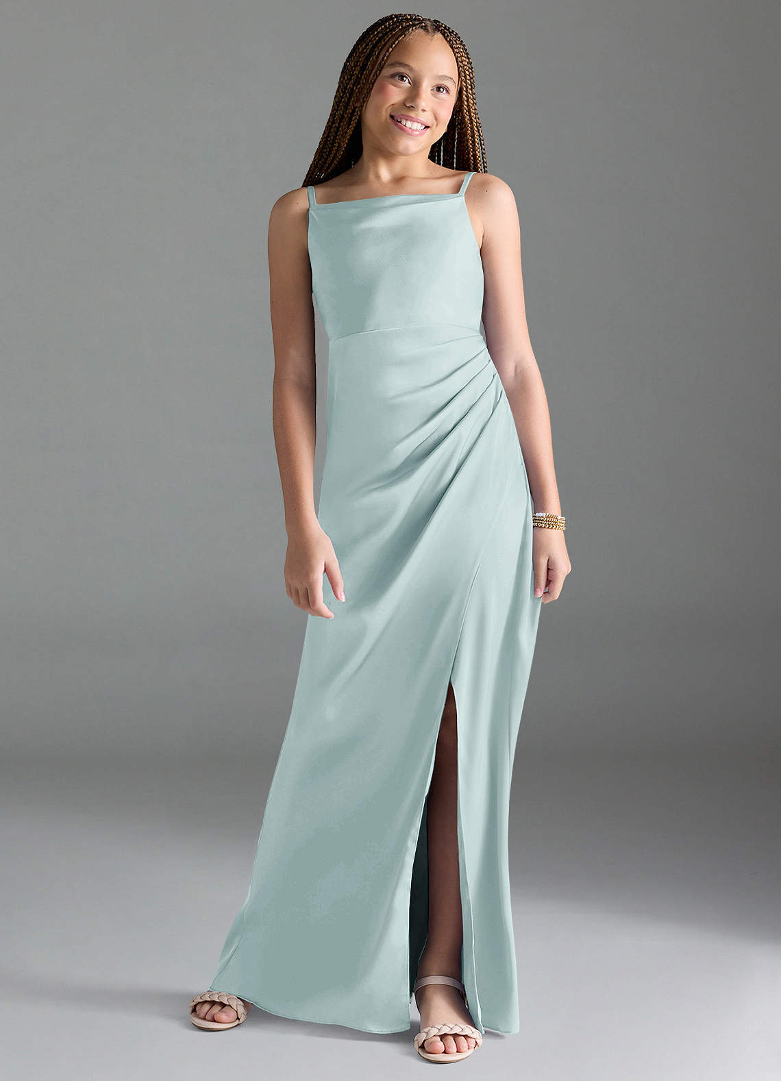 Azazie Leonis Junior Mist A-Line Pleated Stretch Satin Dress image1