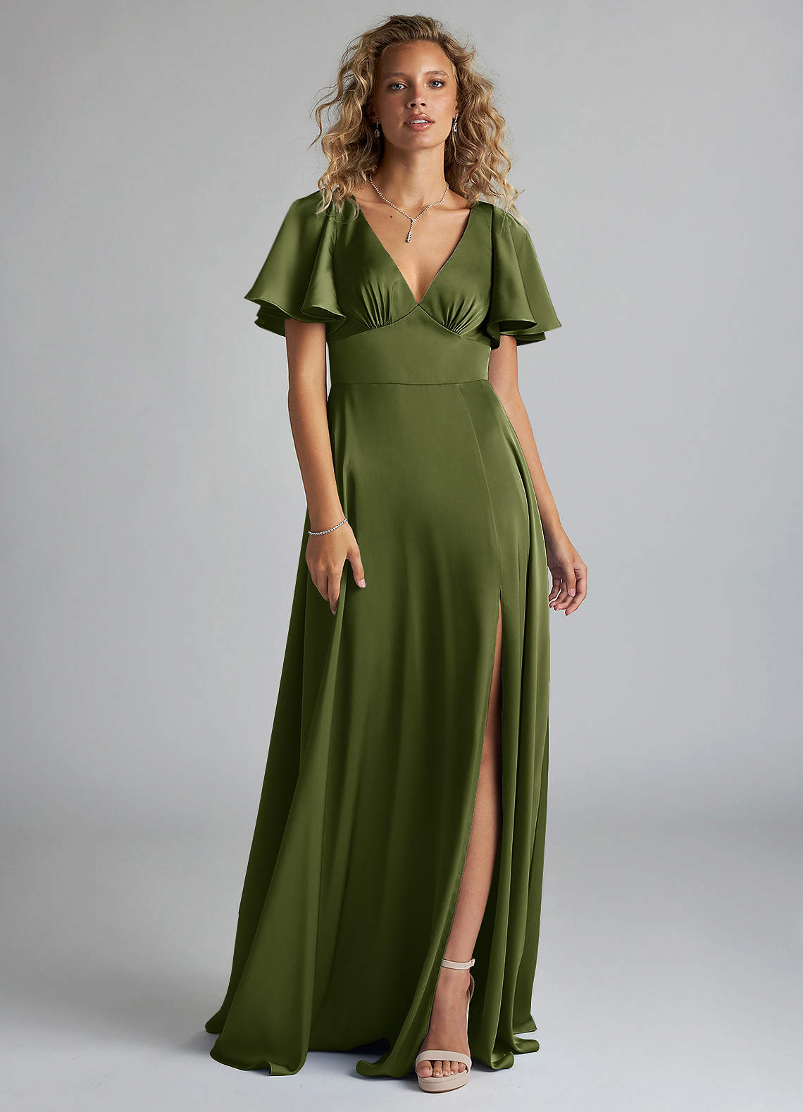 Azazie Kimber Bridesmaid Dresses Olive A-Line Ruched Stretch Satin Dress image2