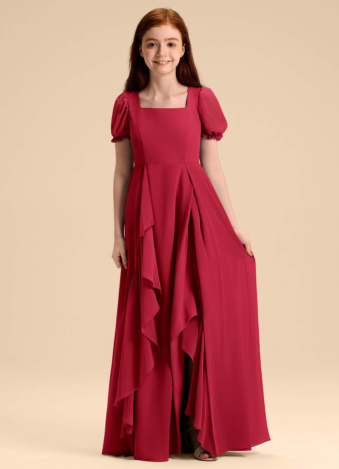 Azazie Priya Junior Scarlet A-Line Blouson Chiffon Dress image1